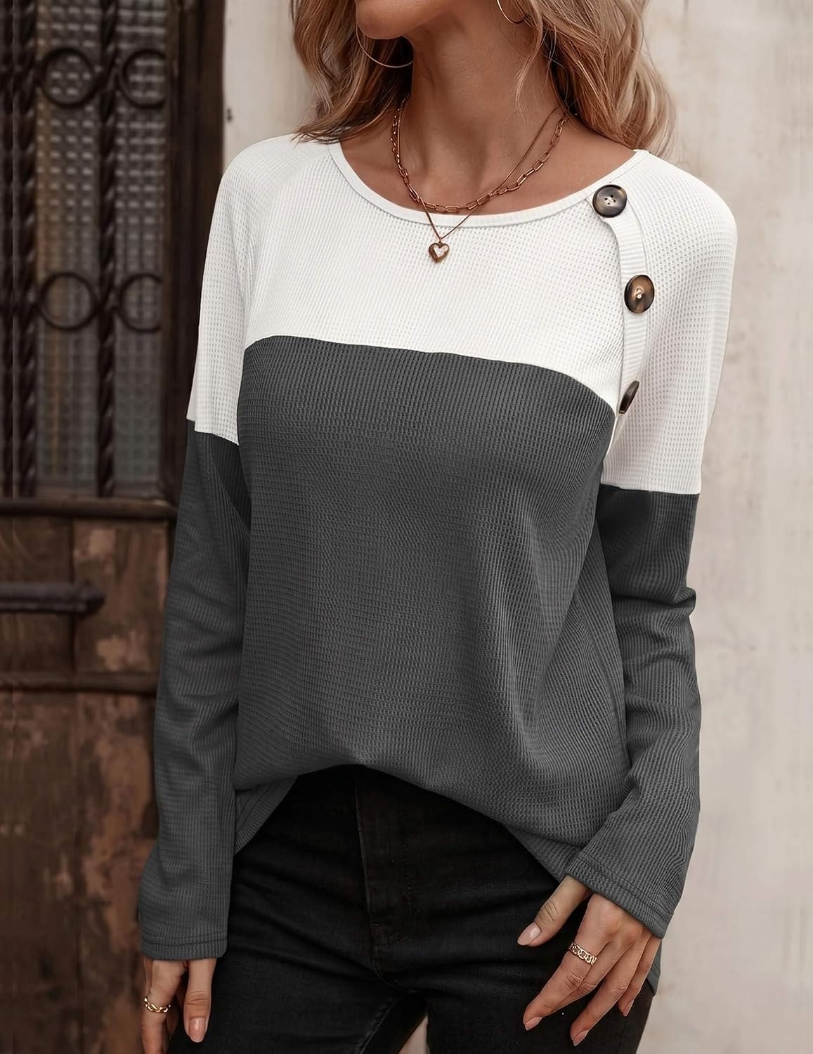 image:imageZeagoo Women Waffle Knit Shirts Long Sleeve Colorblock Tee Button Detail TunicsWhite Deep Grey