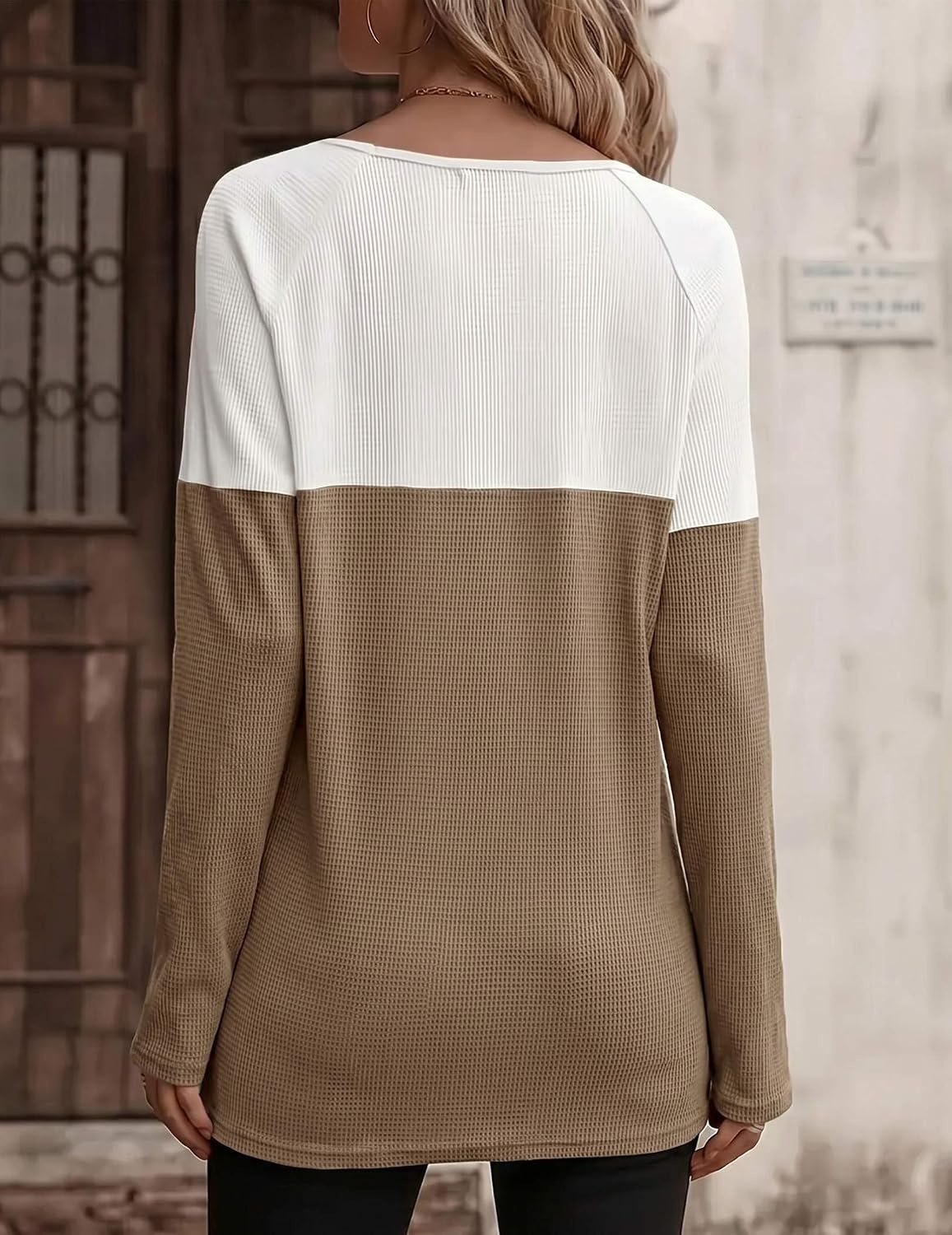 image:imageZeagoo Women Waffle Knit Shirts Long Sleeve Colorblock Tee Button Detail TunicsWhite Khaki