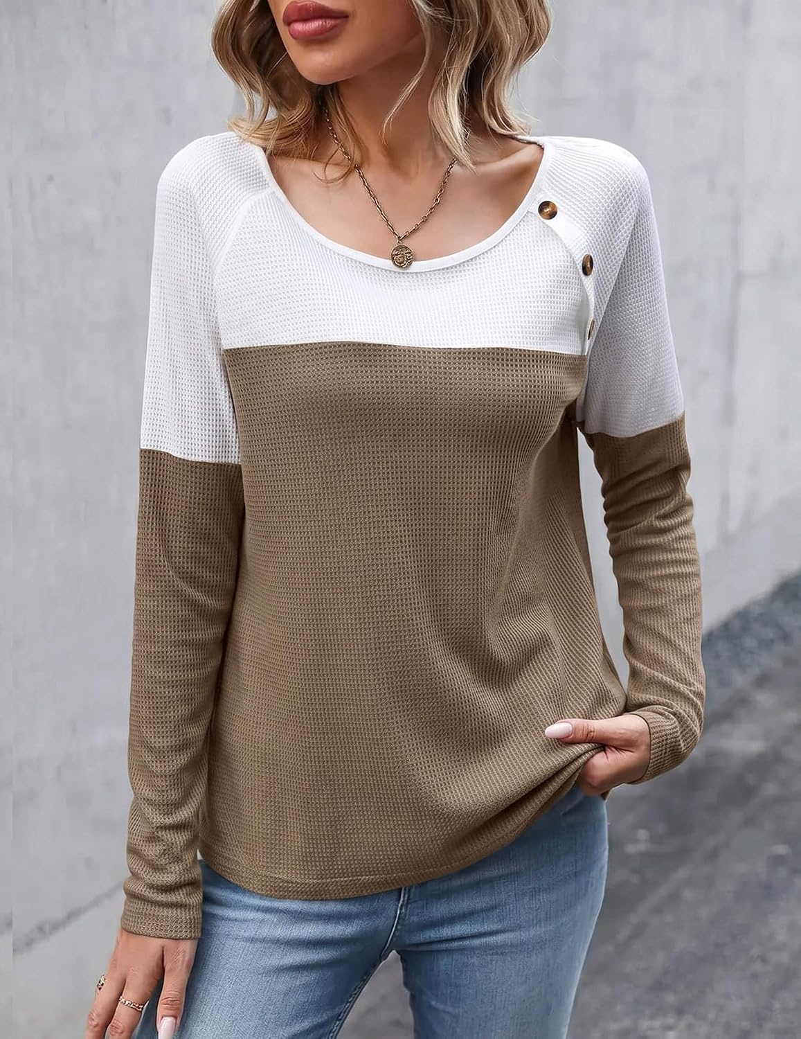 image:imageZeagoo Women Waffle Knit Shirts Long Sleeve Colorblock Tee Button Detail TunicsWhite Khaki