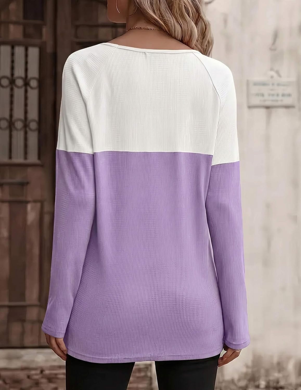 image:imageZeagoo Women Waffle Knit Shirts Long Sleeve Colorblock Tee Button Detail TunicsWhite Lilac
