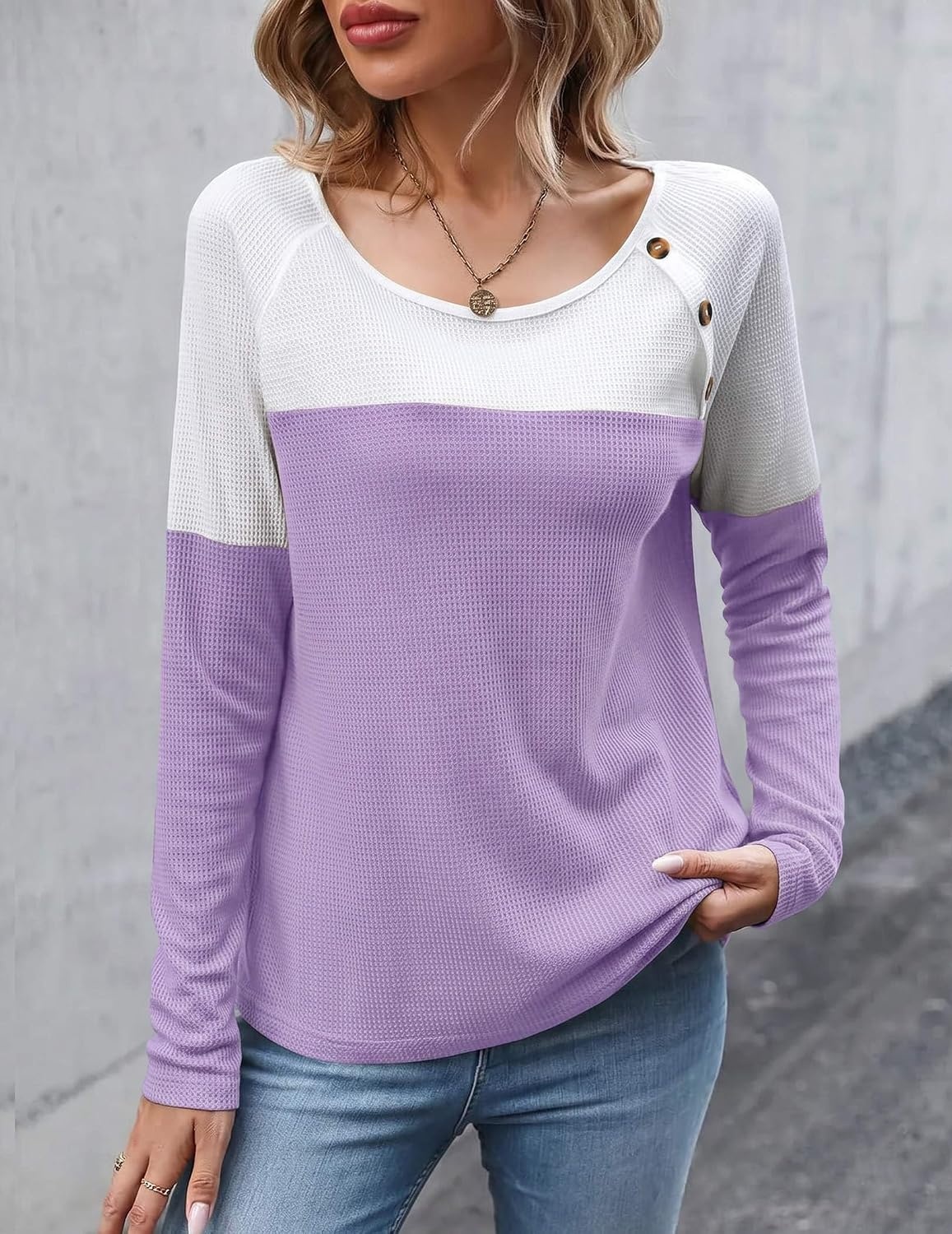 image:imageZeagoo Women Waffle Knit Shirts Long Sleeve Colorblock Tee Button Detail TunicsWhite Lilac