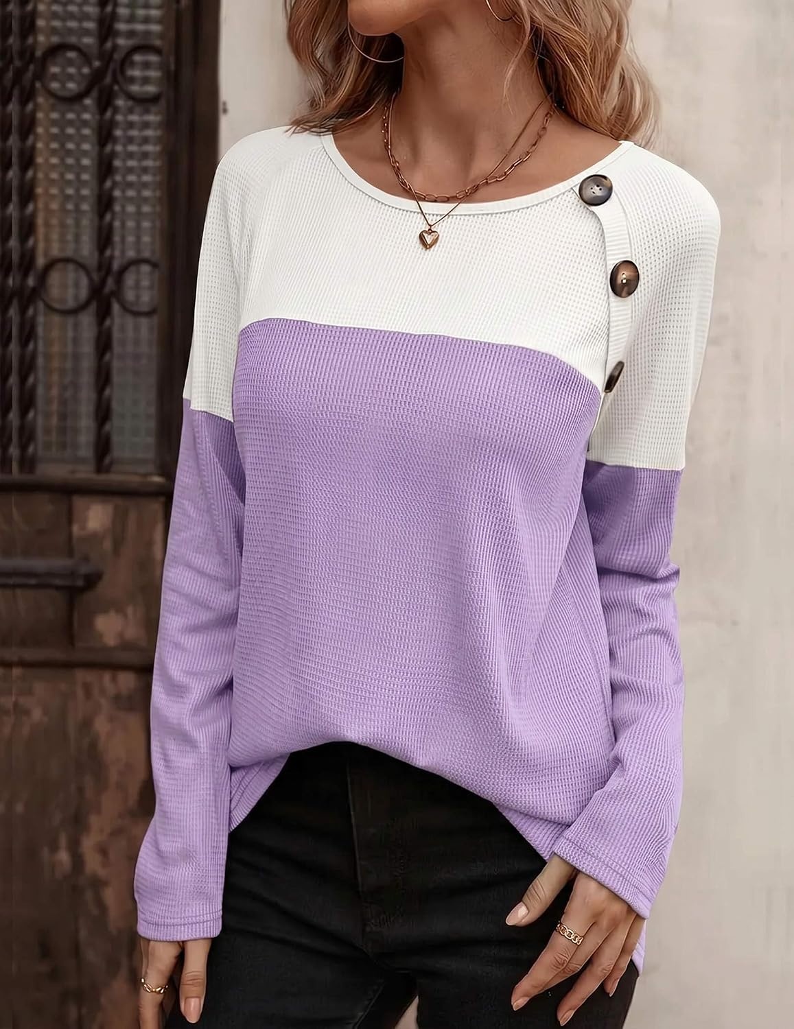 image:imageZeagoo Women Waffle Knit Shirts Long Sleeve Colorblock Tee Button Detail TunicsWhite Lilac