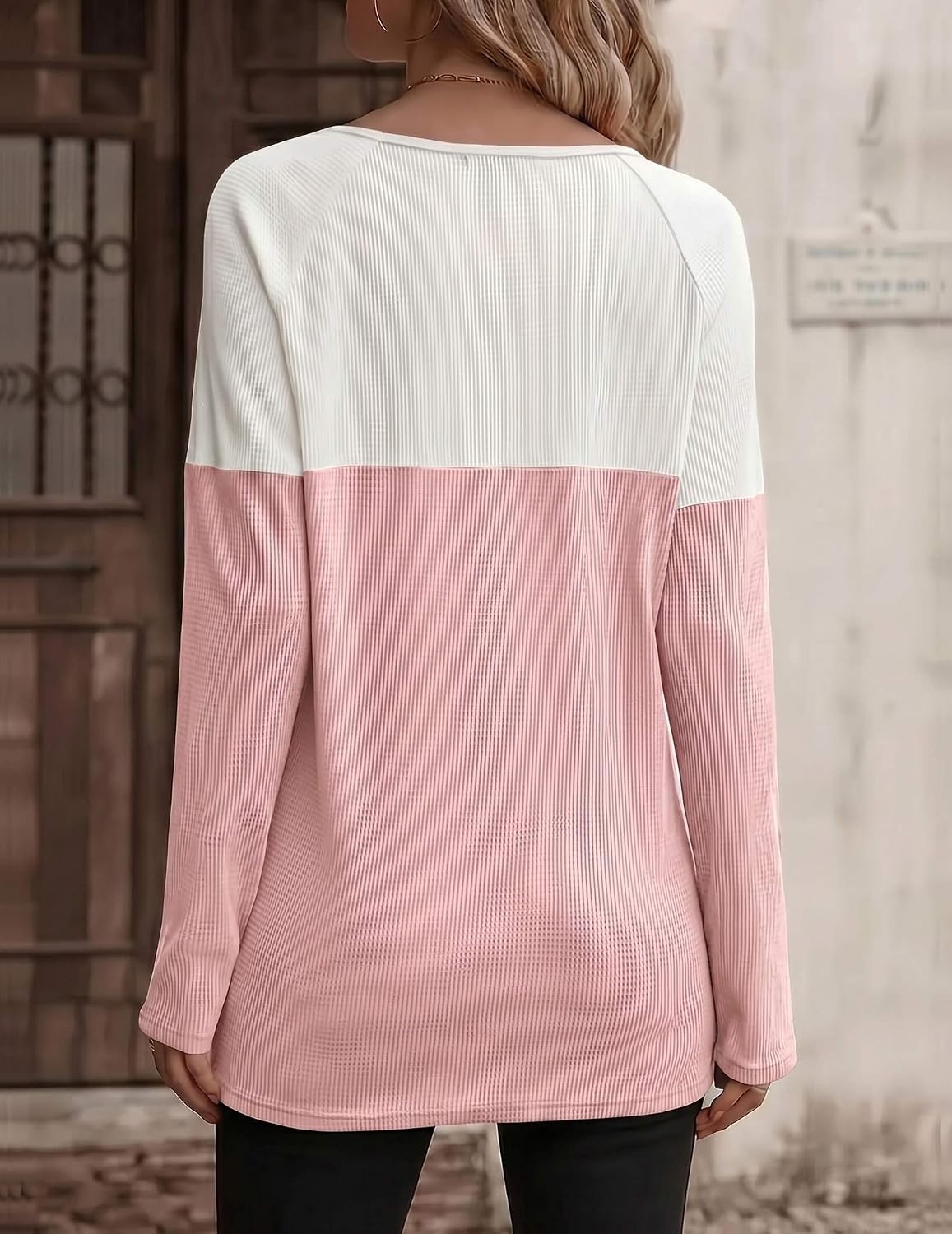 image:imageZeagoo Women Waffle Knit Shirts Long Sleeve Colorblock Tee Button Detail TunicsWhite Misty Rose