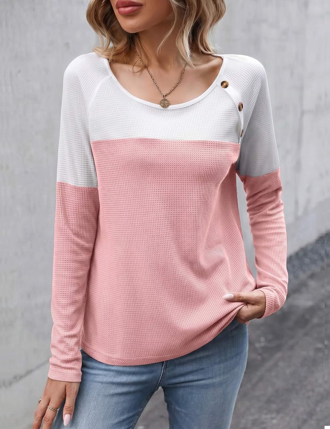 image:imageZeagoo Women Waffle Knit Shirts Long Sleeve Colorblock Tee Button Detail TunicsWhite Misty Rose