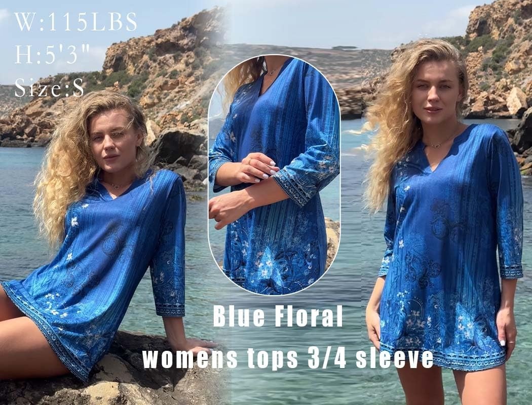 image:imageZeagoo Womens 34 Length Sleeve Tops V Neck Tunic Dressy Casual BlouseBlue Floral