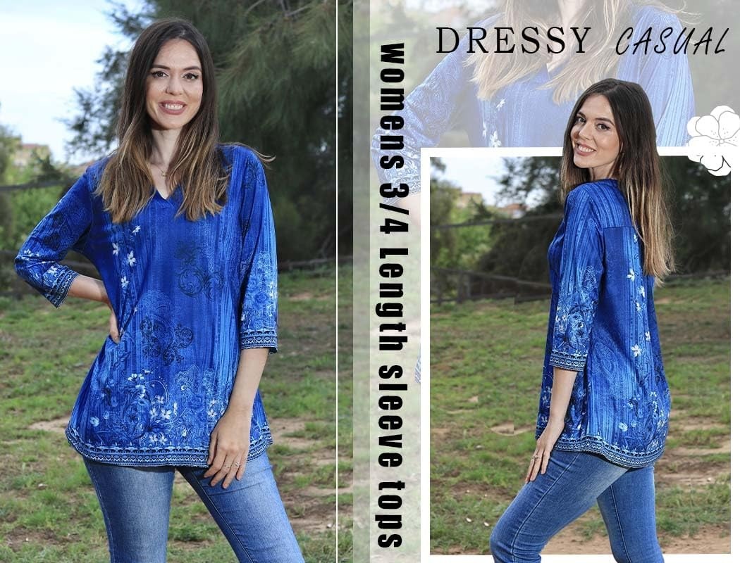image:imageZeagoo Womens 34 Length Sleeve Tops V Neck Tunic Dressy Casual BlouseBlue Floral