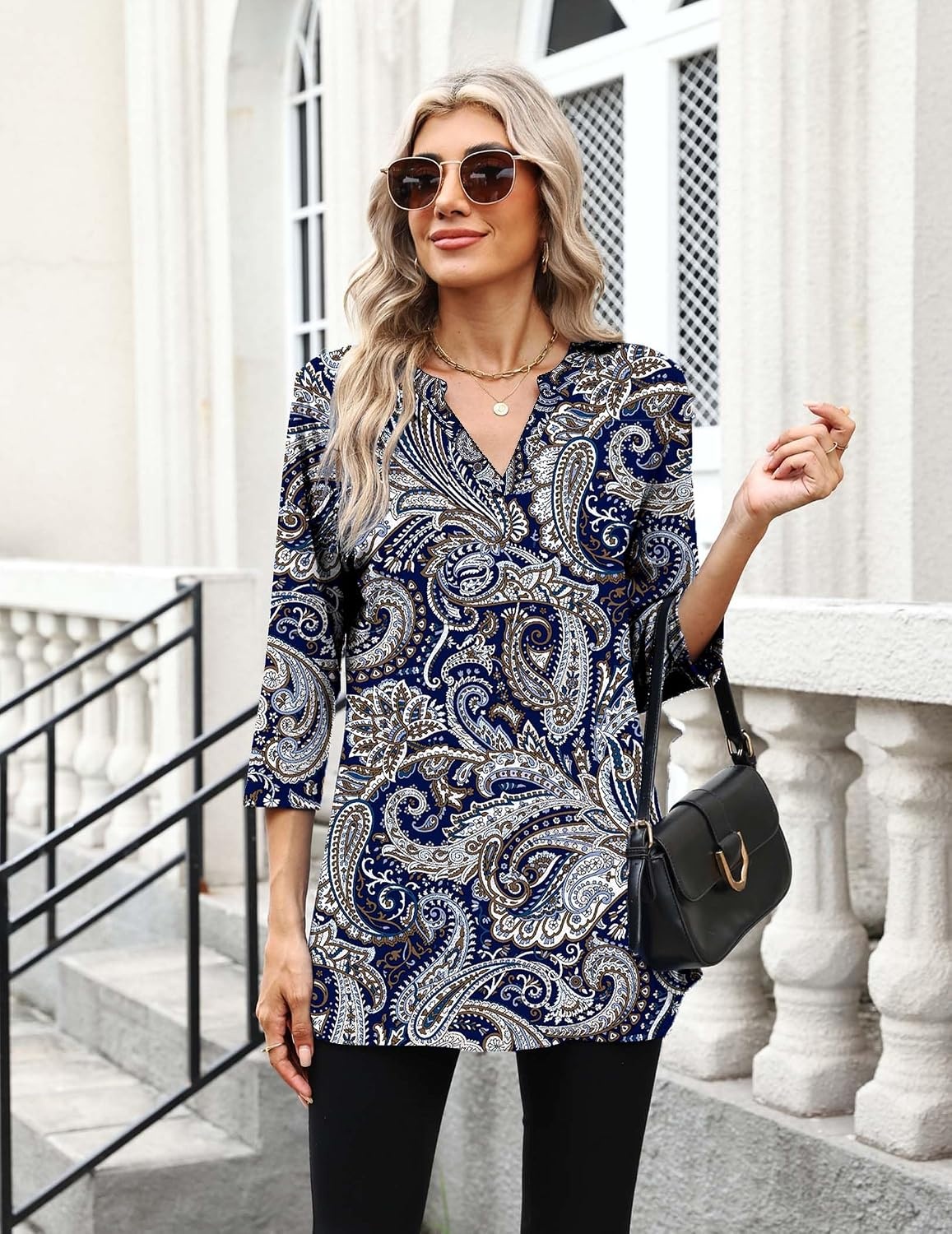 image:imageZeagoo Womens 34 Length Sleeve Tops V Neck Tunic Dressy Casual BlouseBlue Pattern