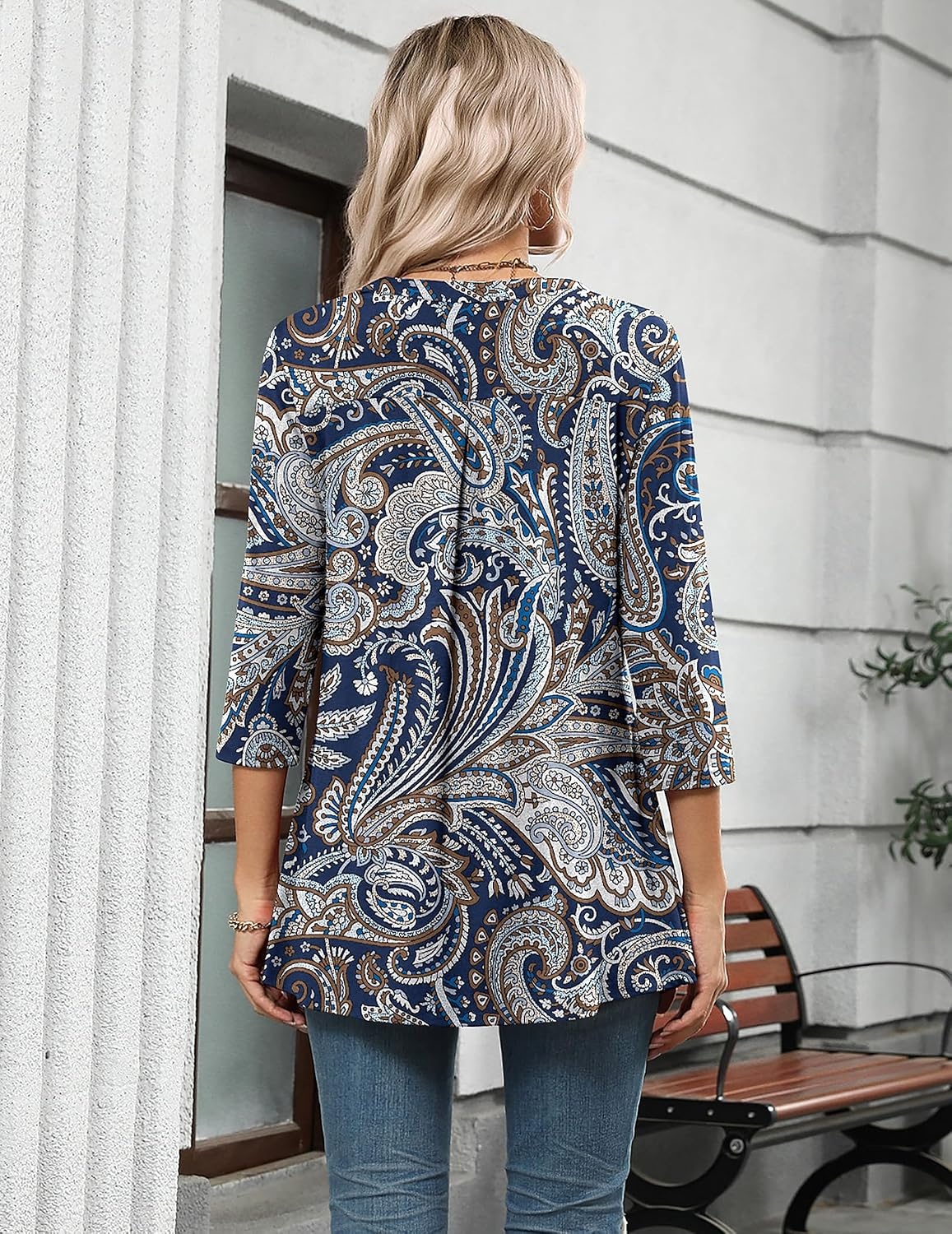 image:imageZeagoo Womens 34 Length Sleeve Tops V Neck Tunic Dressy Casual BlouseBlue Pattern