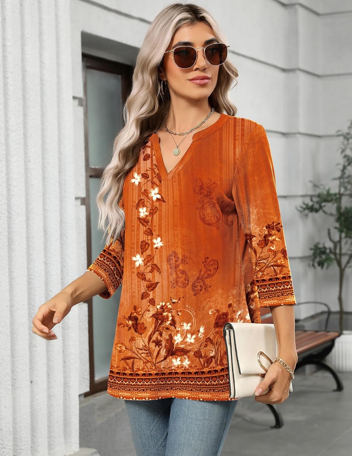 image:imageZeagoo Womens 34 Length Sleeve Tops V Neck Tunic Dressy Casual BlouseOrange Floral