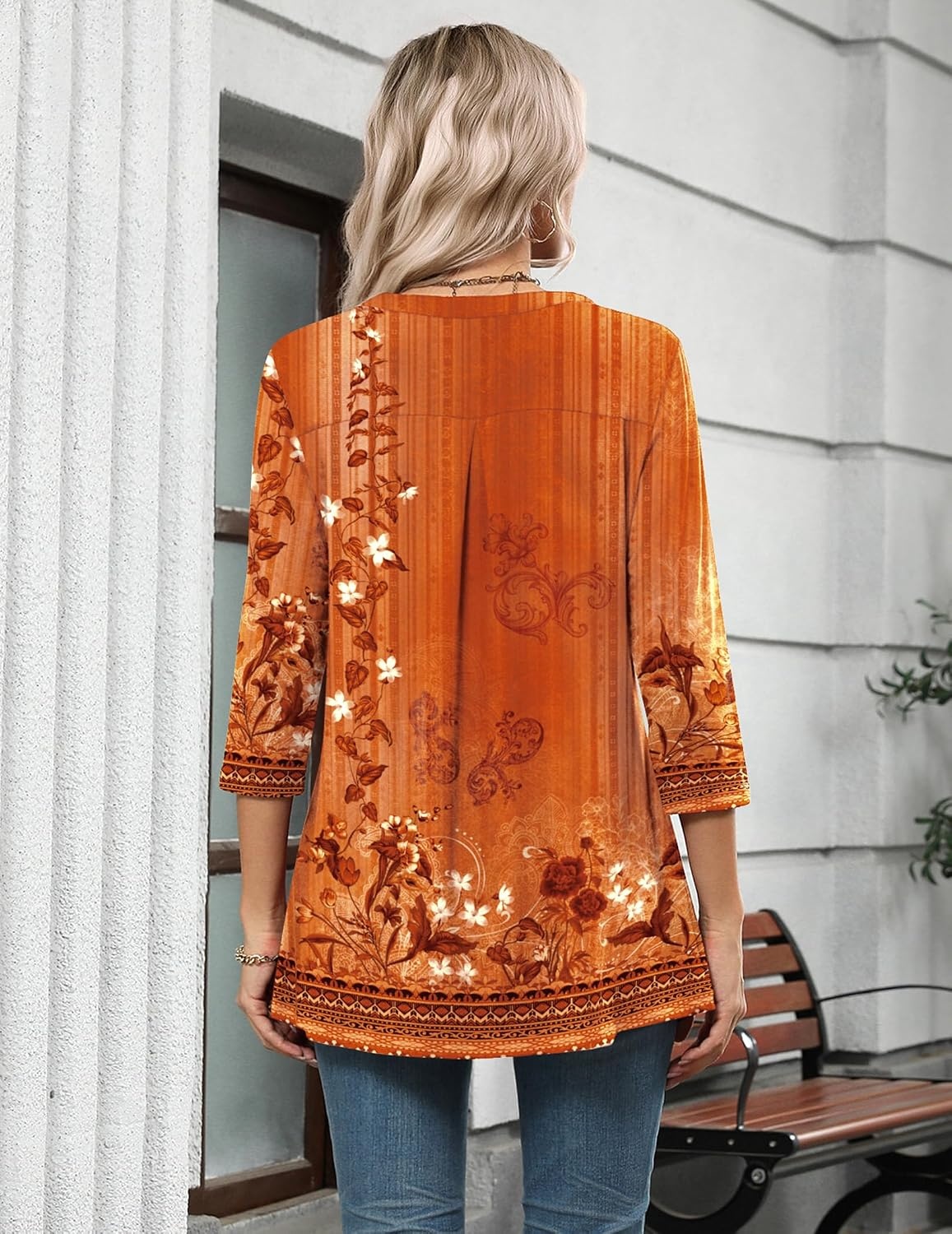 image:imageZeagoo Womens 34 Length Sleeve Tops V Neck Tunic Dressy Casual BlouseOrange Floral