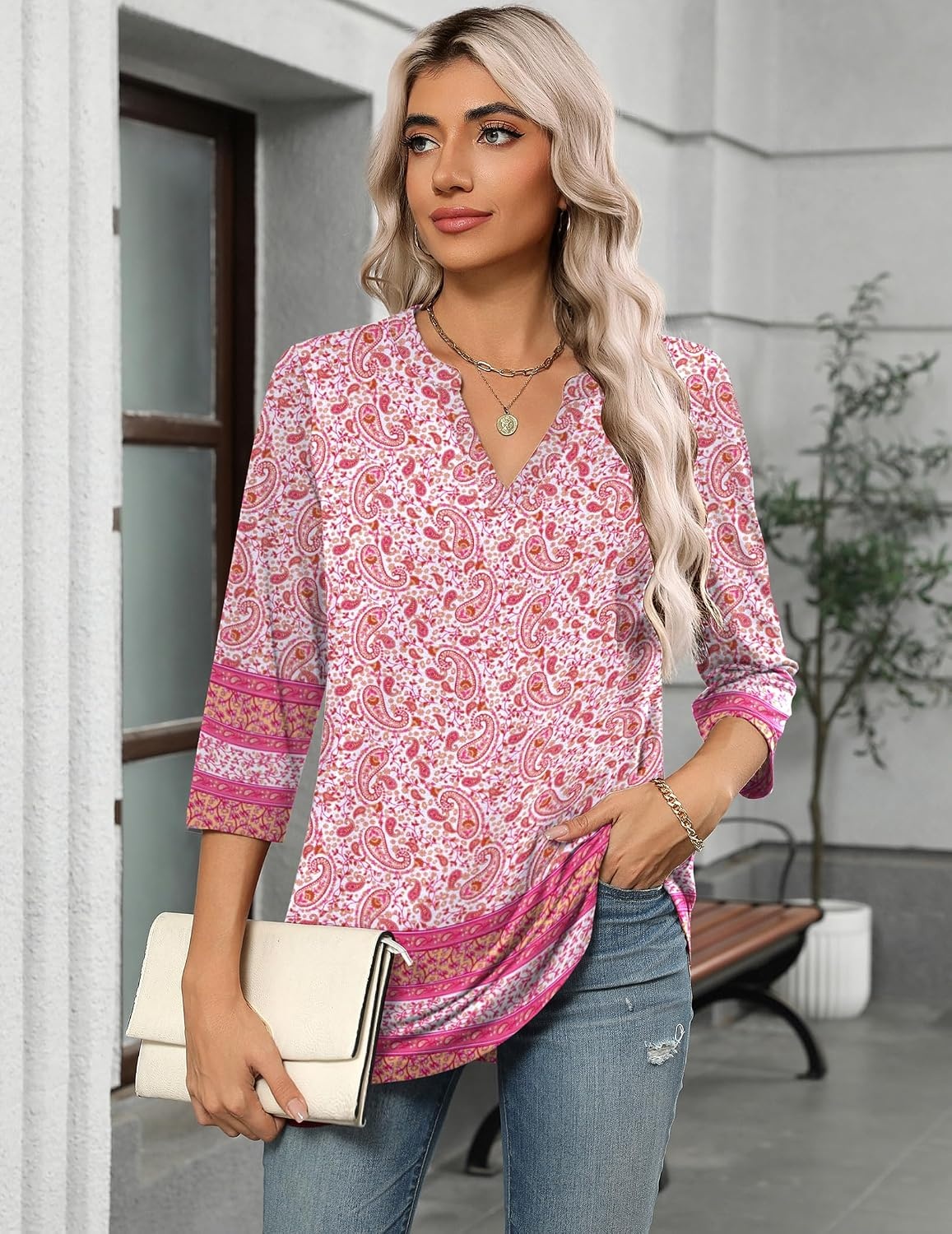 image:imageZeagoo Womens 34 Length Sleeve Tops V Neck Tunic Dressy Casual BlousePink Floral Mz744