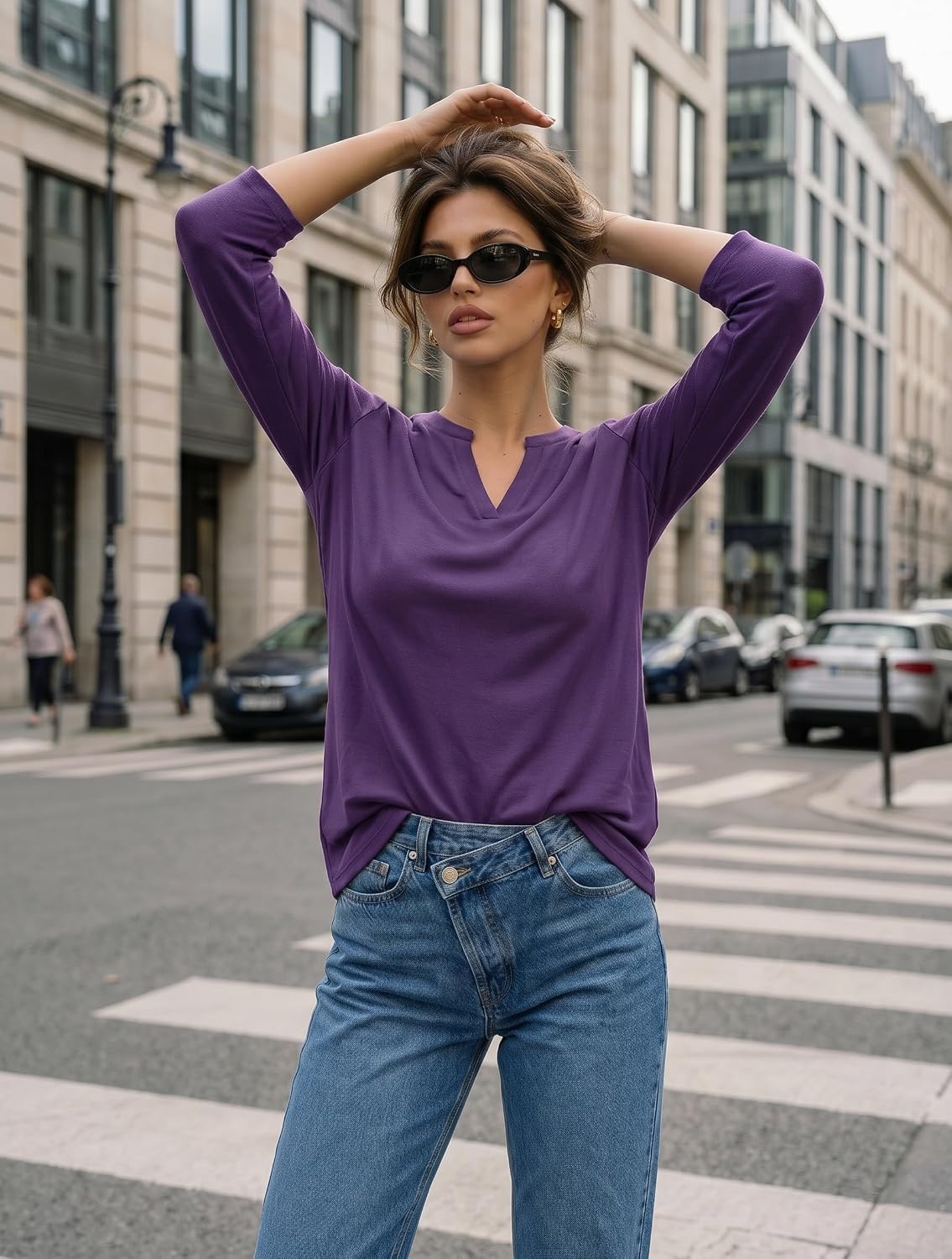 image:imageZeagoo Womens 34 Length Sleeve Tops V Neck Tunic Dressy Casual BlousePurple