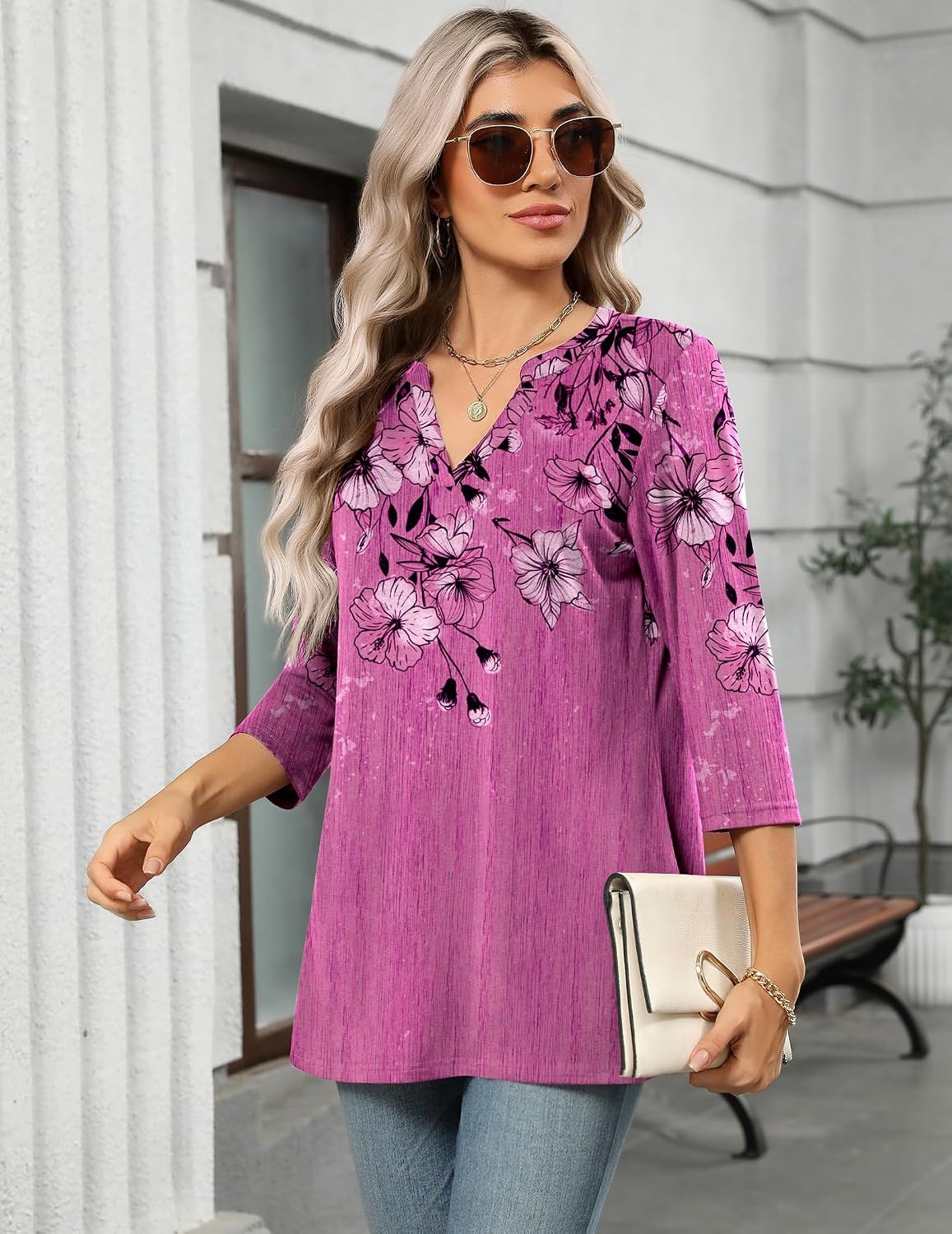 image:imageZeagoo Womens 34 Length Sleeve Tops V Neck Tunic Dressy Casual BlousePurple Floral