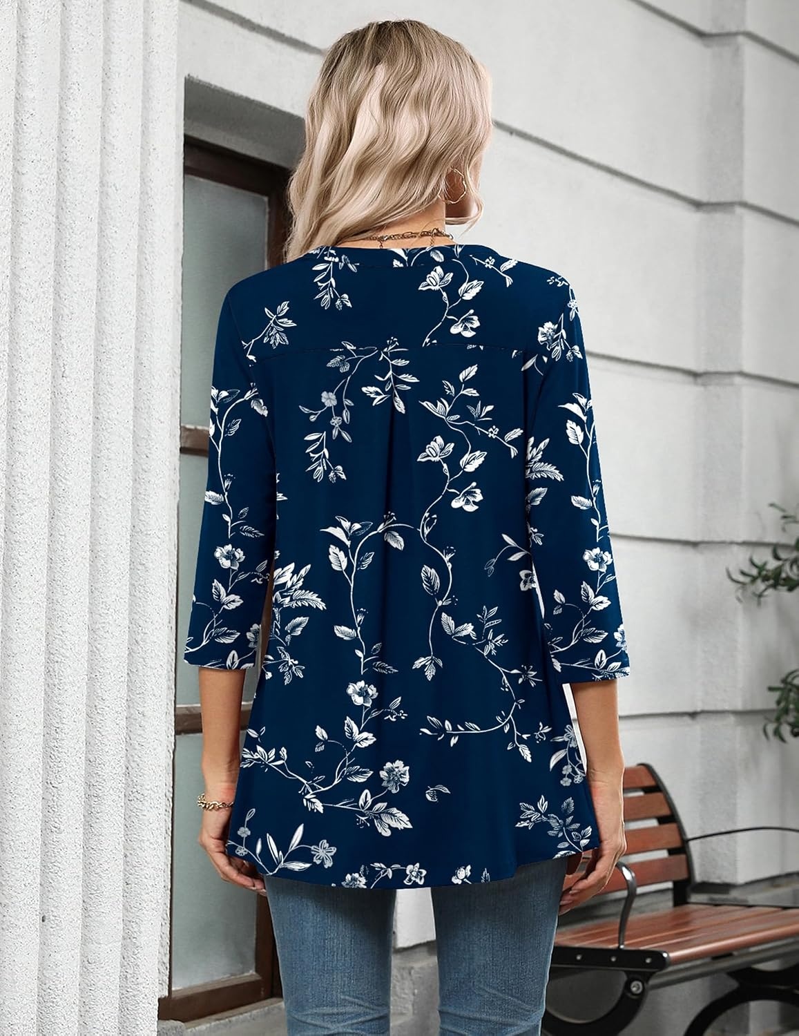 image:imageZeagoo Womens 34 Length Sleeve Tops V Neck Tunic Dressy Casual BlouseWhite Leaves Navy Blue