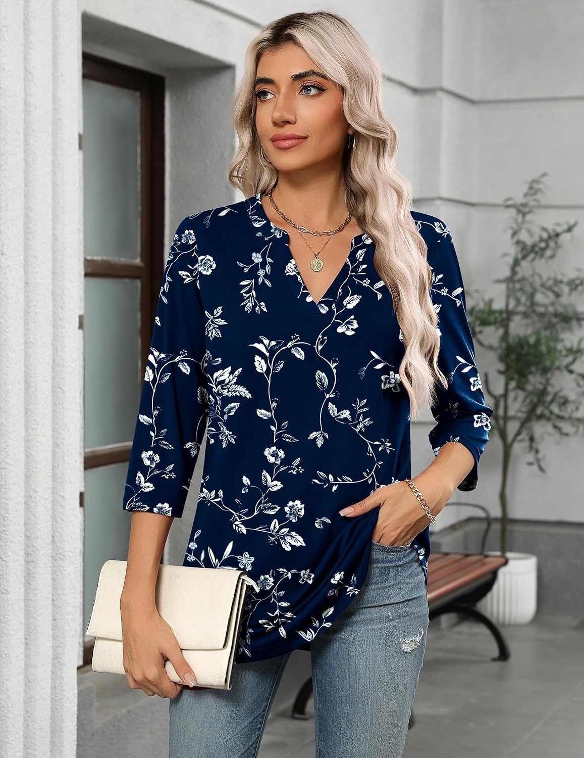 image:imageZeagoo Womens 34 Length Sleeve Tops V Neck Tunic Dressy Casual BlouseWhite Leaves Navy Blue