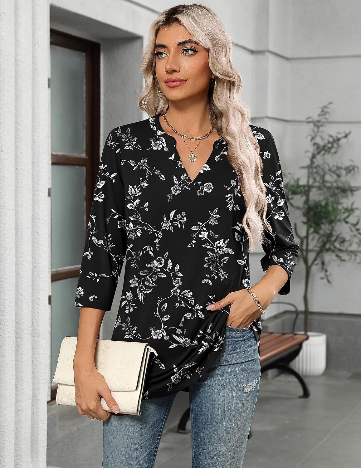 image:imageZeagoo Womens 34 Length Sleeve Tops V Neck Tunic Dressy Casual BlouseWhite Sprig on Black