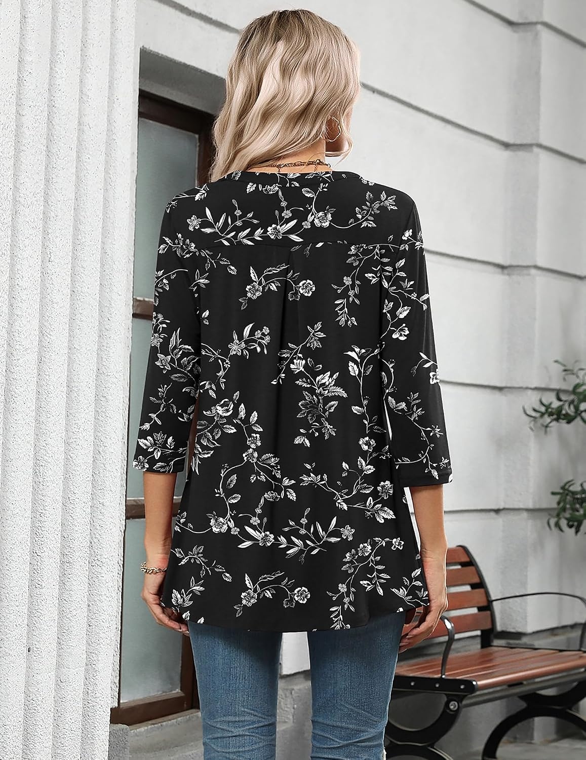 image:imageZeagoo Womens 34 Length Sleeve Tops V Neck Tunic Dressy Casual BlouseWhite Sprig on Black