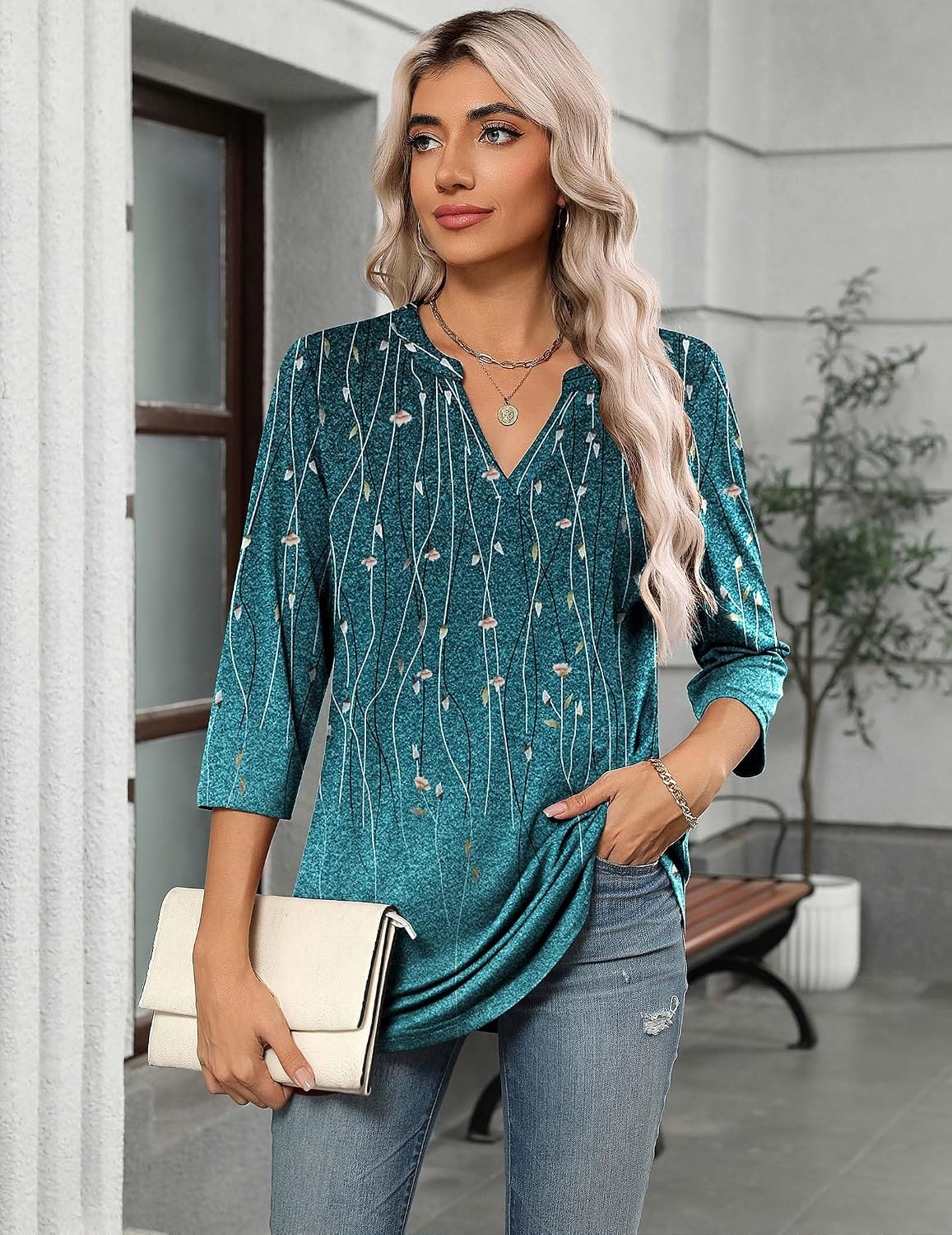 image:imageZeagoo Womens 34 Length Sleeve Tops V Neck Tunic Dressy Casual BlouseWillowfloral