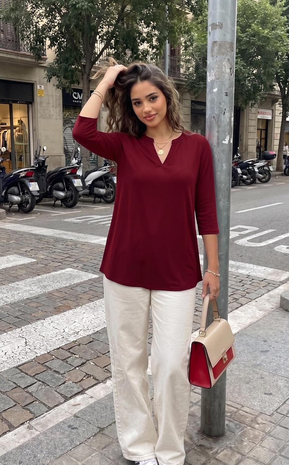 image:imageZeagoo Womens 34 Length Sleeve Tops V Neck Tunic Dressy Casual BlouseWine Red