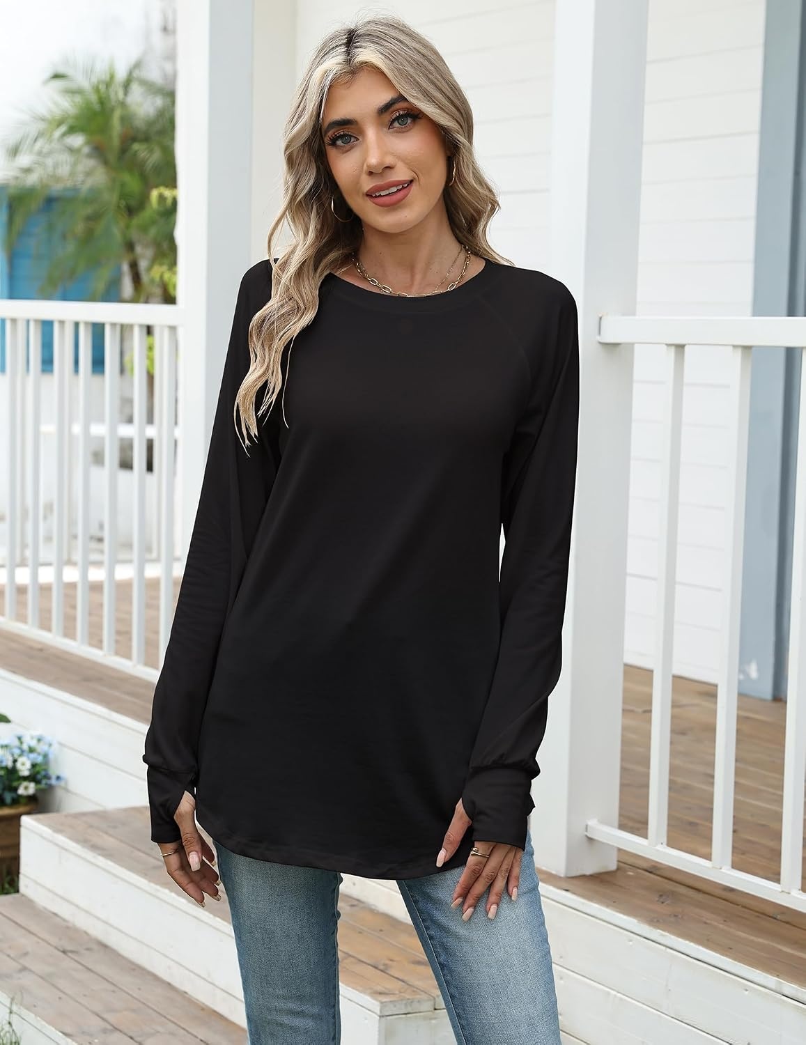 image:imageZeagoo Womens Casual Long Sleeve Shirts Crew Neck Round Loose Tunic TopsBlack