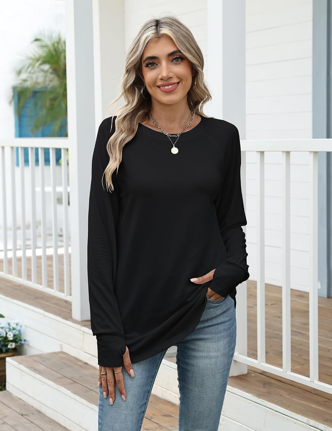 image:imageZeagoo Womens Casual Long Sleeve Shirts Crew Neck Round Loose Tunic TopsBlack