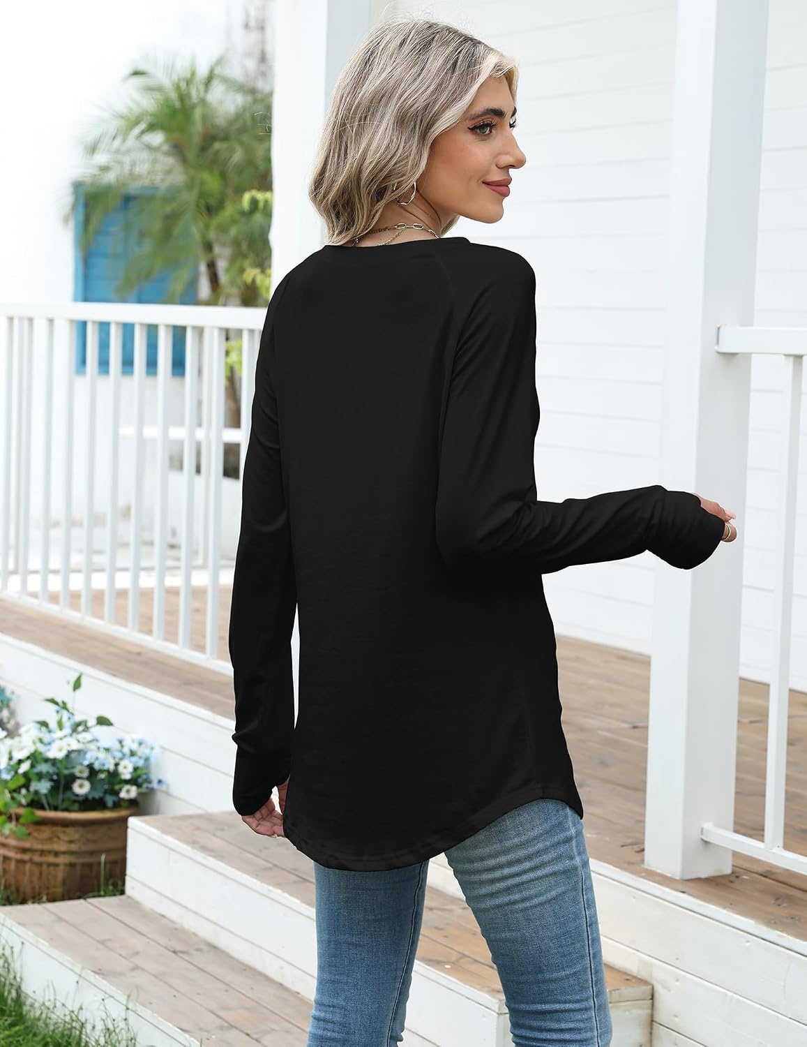 image:imageZeagoo Womens Casual Long Sleeve Shirts Crew Neck Round Loose Tunic TopsBlack