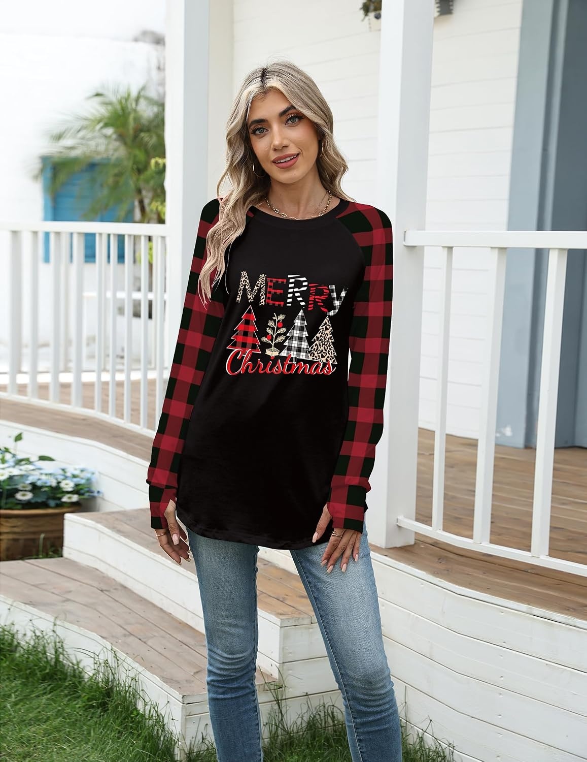 image:imageZeagoo Womens Casual Long Sleeve Shirts Crew Neck Round Loose Tunic TopsBlack Plaid Christmas