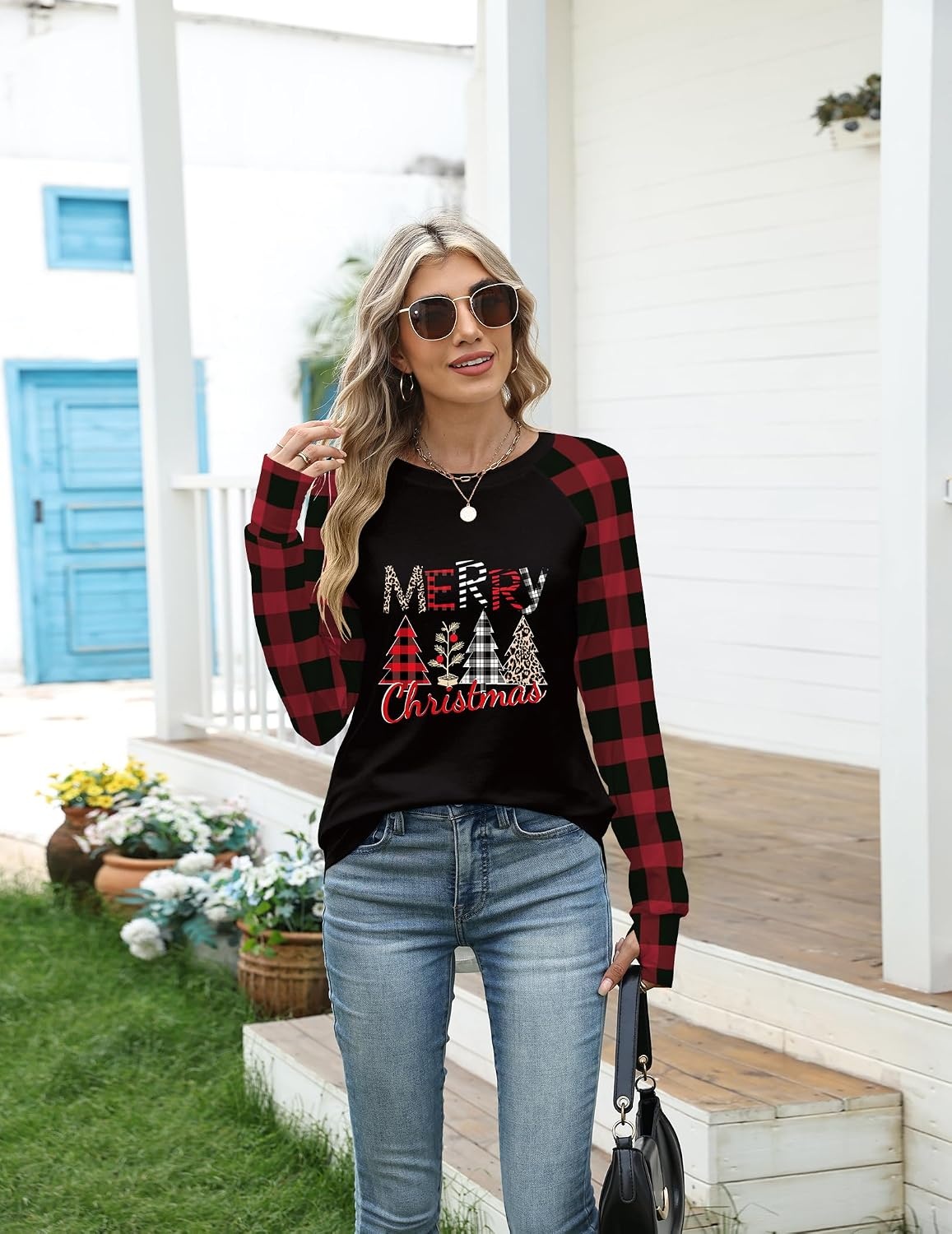 image:imageZeagoo Womens Casual Long Sleeve Shirts Crew Neck Round Loose Tunic TopsBlack Plaid Christmas