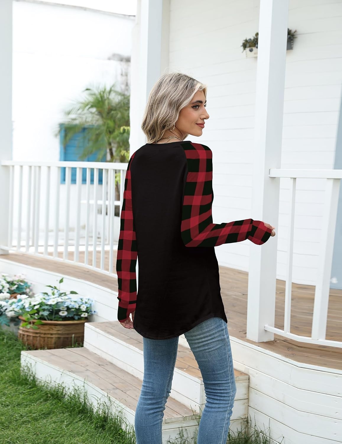 image:imageZeagoo Womens Casual Long Sleeve Shirts Crew Neck Round Loose Tunic TopsBlack Plaid Christmas