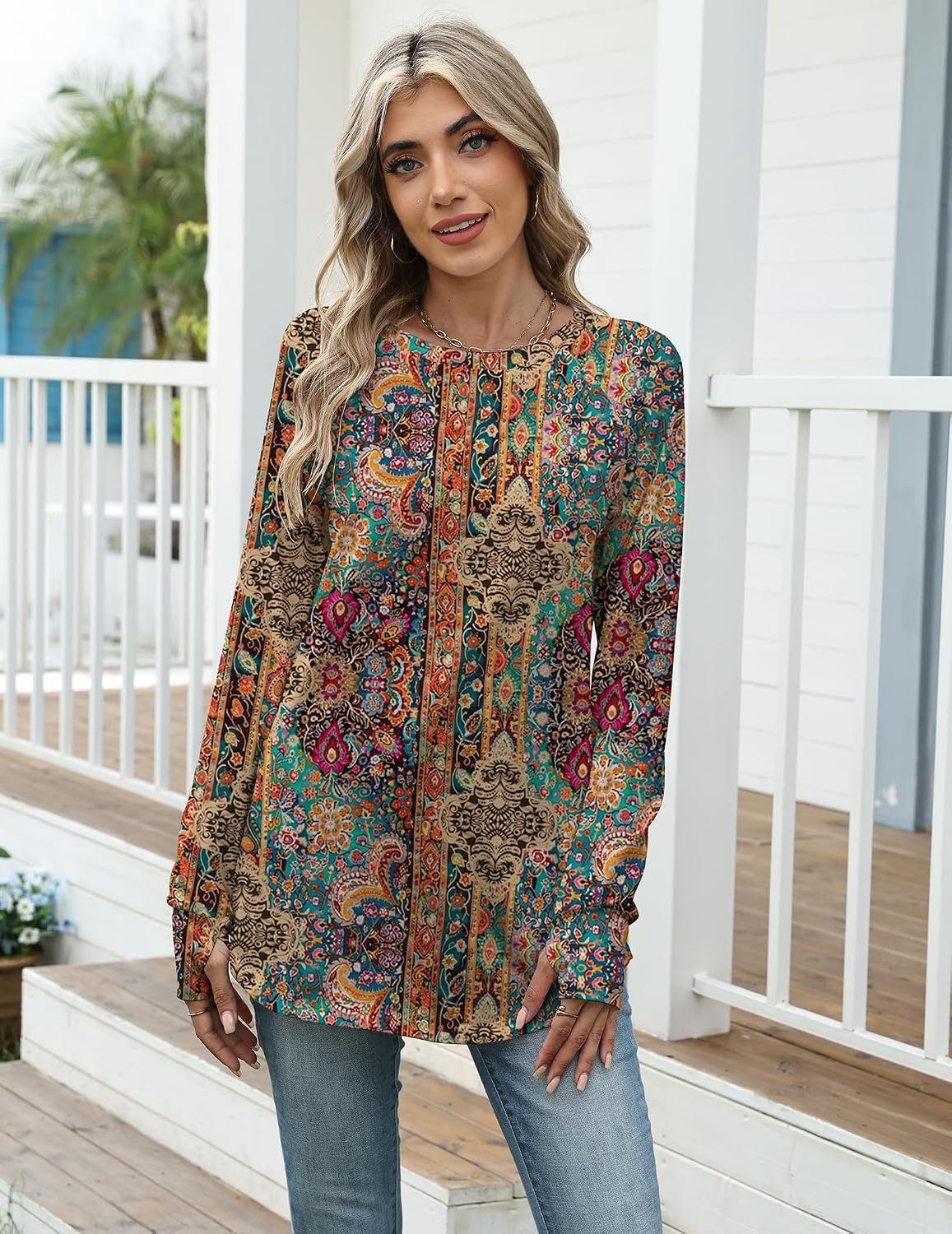 image:imageZeagoo Womens Casual Long Sleeve Shirts Crew Neck Round Loose Tunic TopsBoho