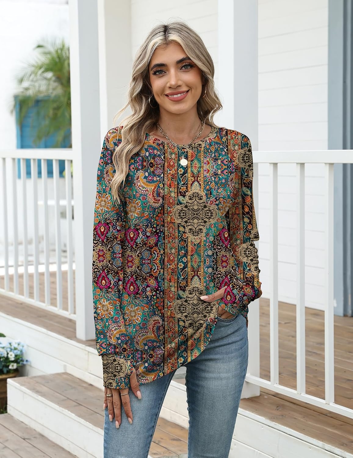 image:imageZeagoo Womens Casual Long Sleeve Shirts Crew Neck Round Loose Tunic TopsBoho