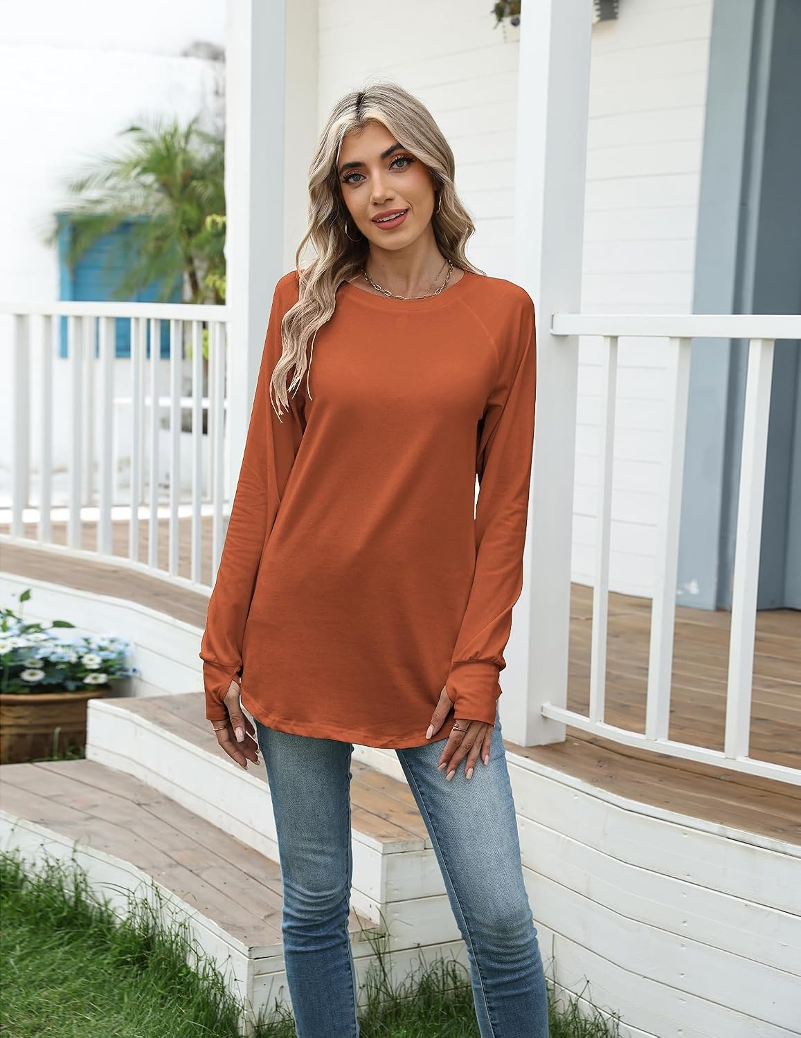 image:imageZeagoo Womens Casual Long Sleeve Shirts Crew Neck Round Loose Tunic TopsCaramel