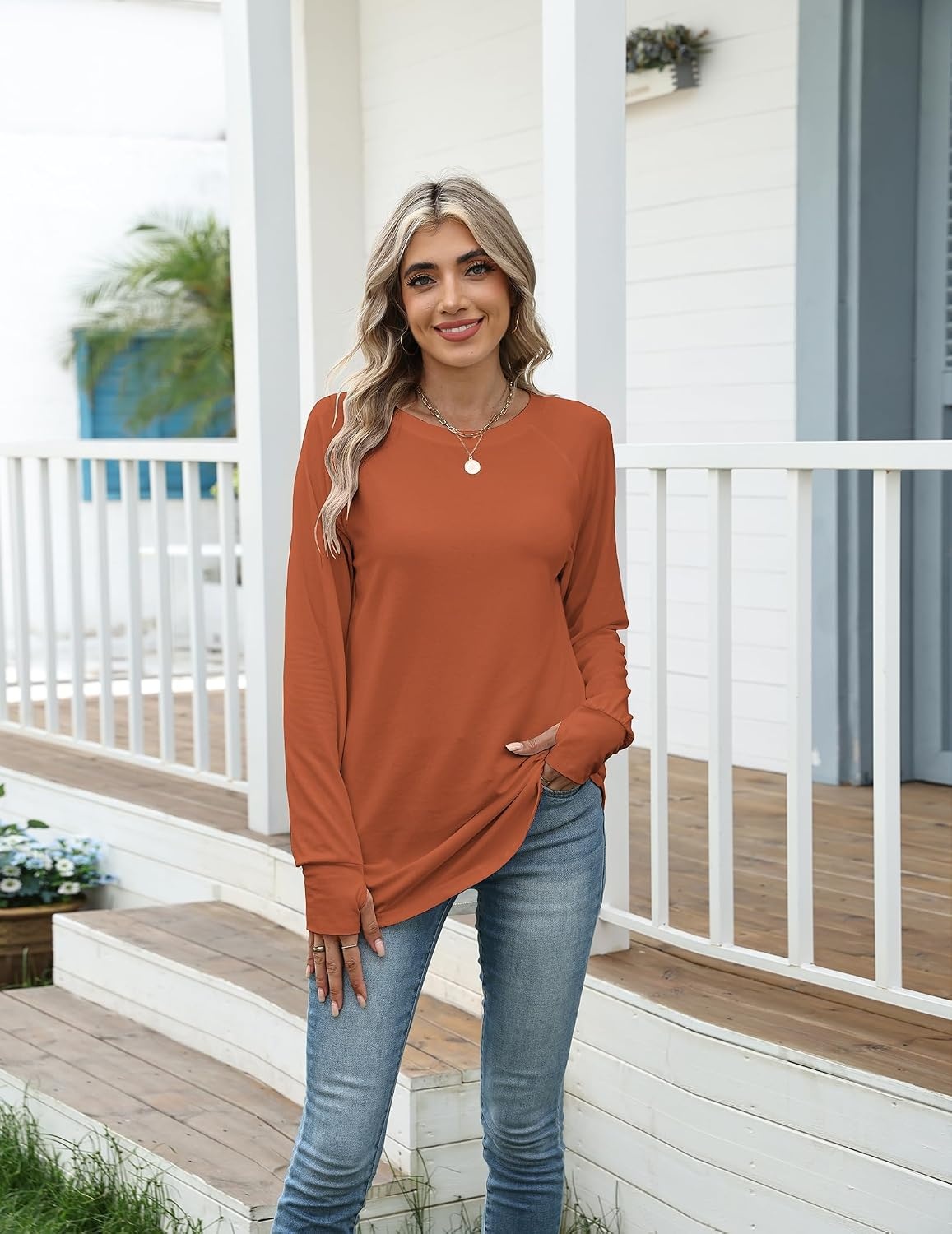 image:imageZeagoo Womens Casual Long Sleeve Shirts Crew Neck Round Loose Tunic TopsCaramel