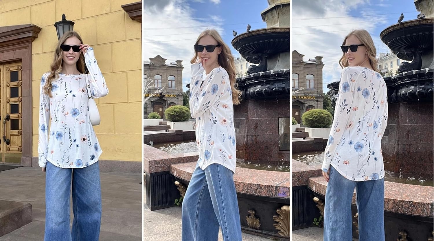 image:imageZeagoo Womens Casual Long Sleeve Shirts Crew Neck Round Loose Tunic TopsFloral White