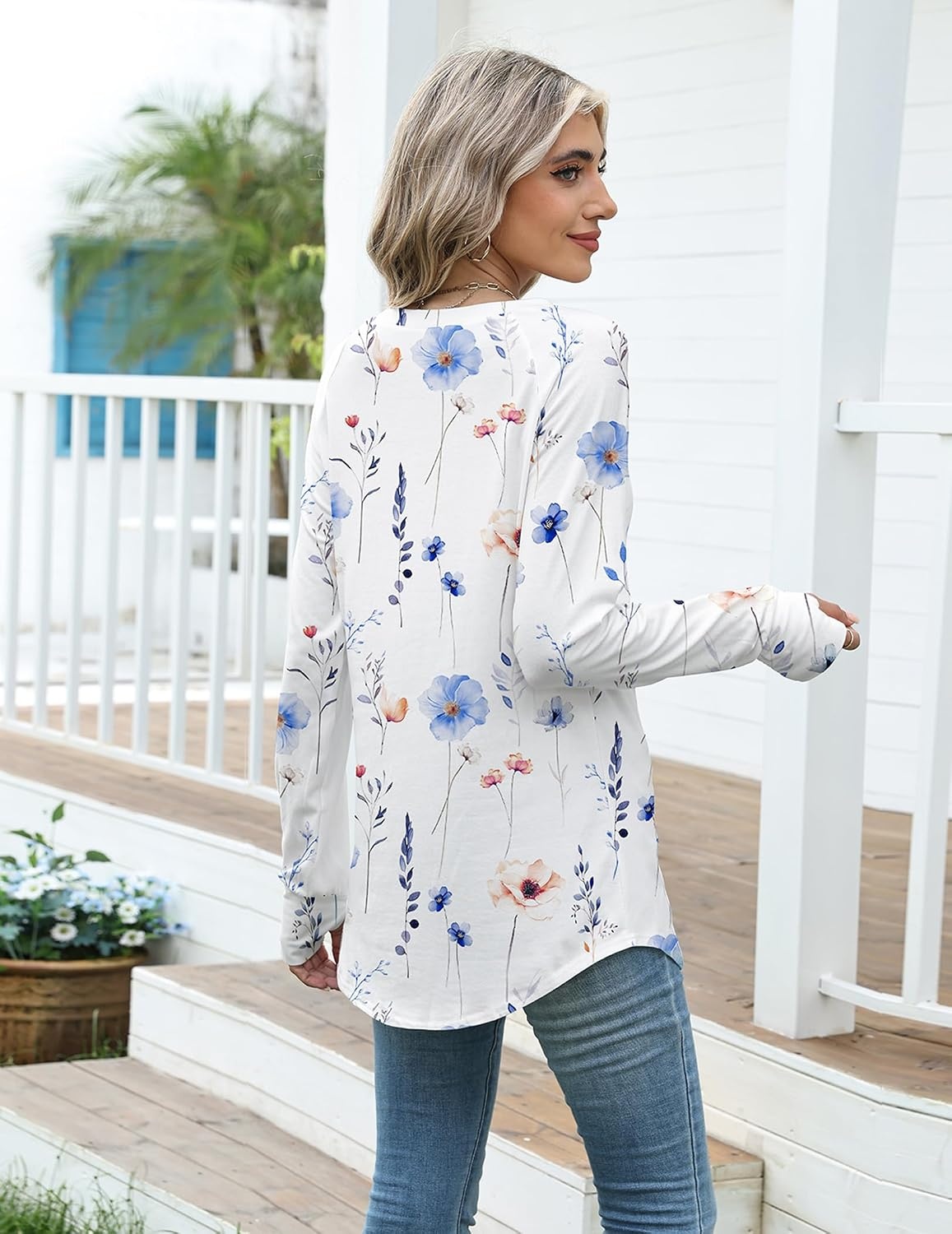 image:imageZeagoo Womens Casual Long Sleeve Shirts Crew Neck Round Loose Tunic TopsFloral White
