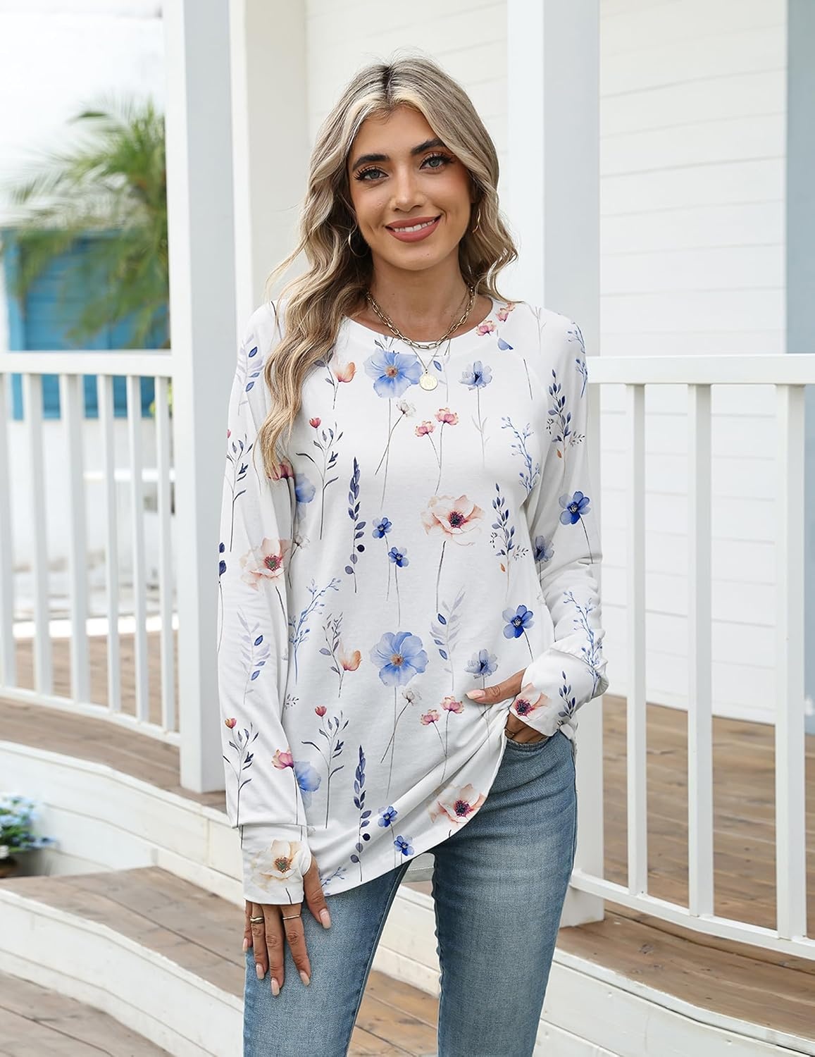 image:imageZeagoo Womens Casual Long Sleeve Shirts Crew Neck Round Loose Tunic TopsFloral White