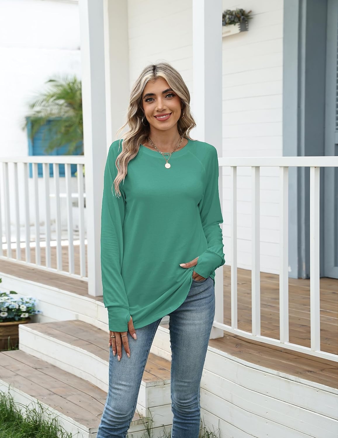 image:imageZeagoo Womens Casual Long Sleeve Shirts Crew Neck Round Loose Tunic TopsGreen