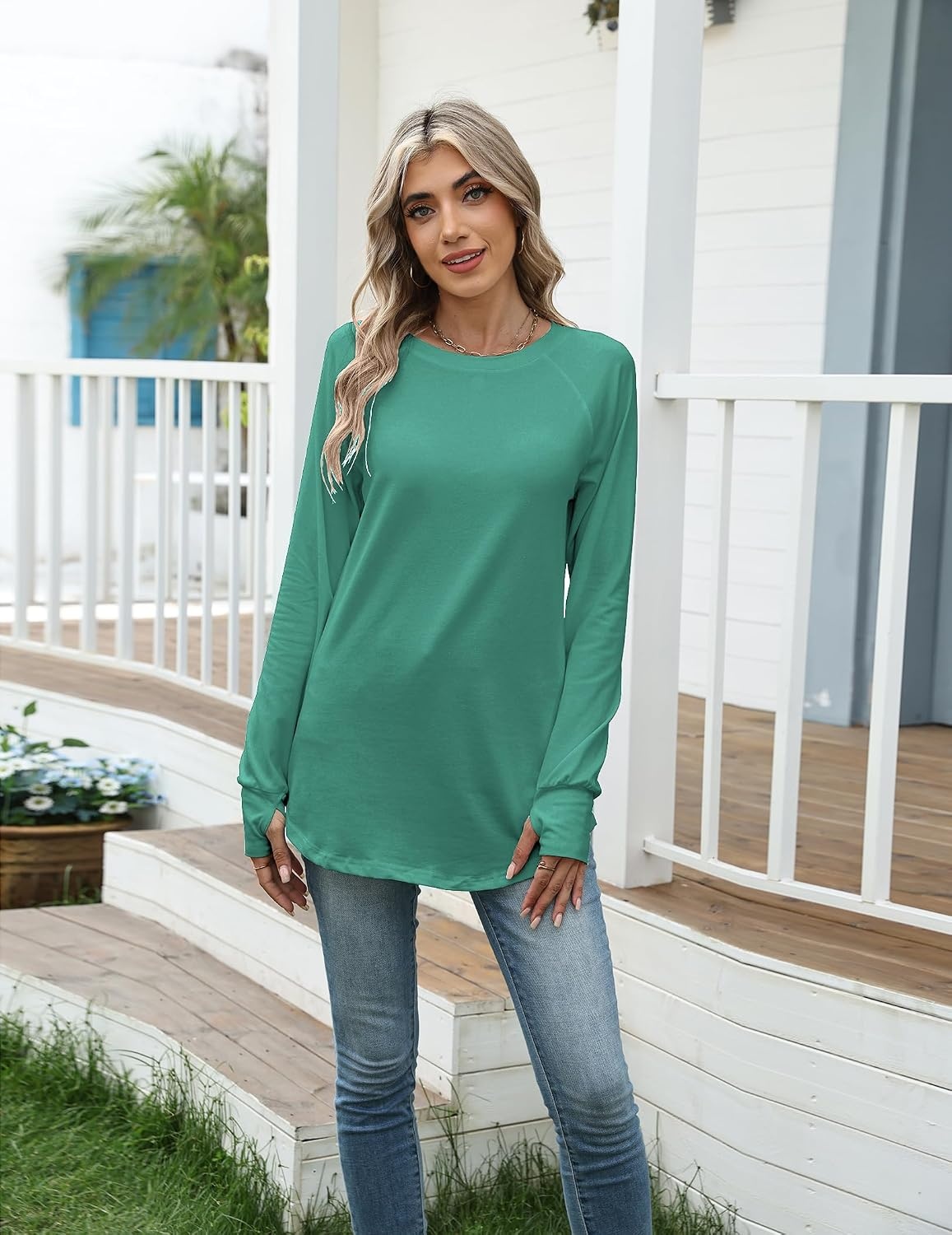 image:imageZeagoo Womens Casual Long Sleeve Shirts Crew Neck Round Loose Tunic TopsGreen