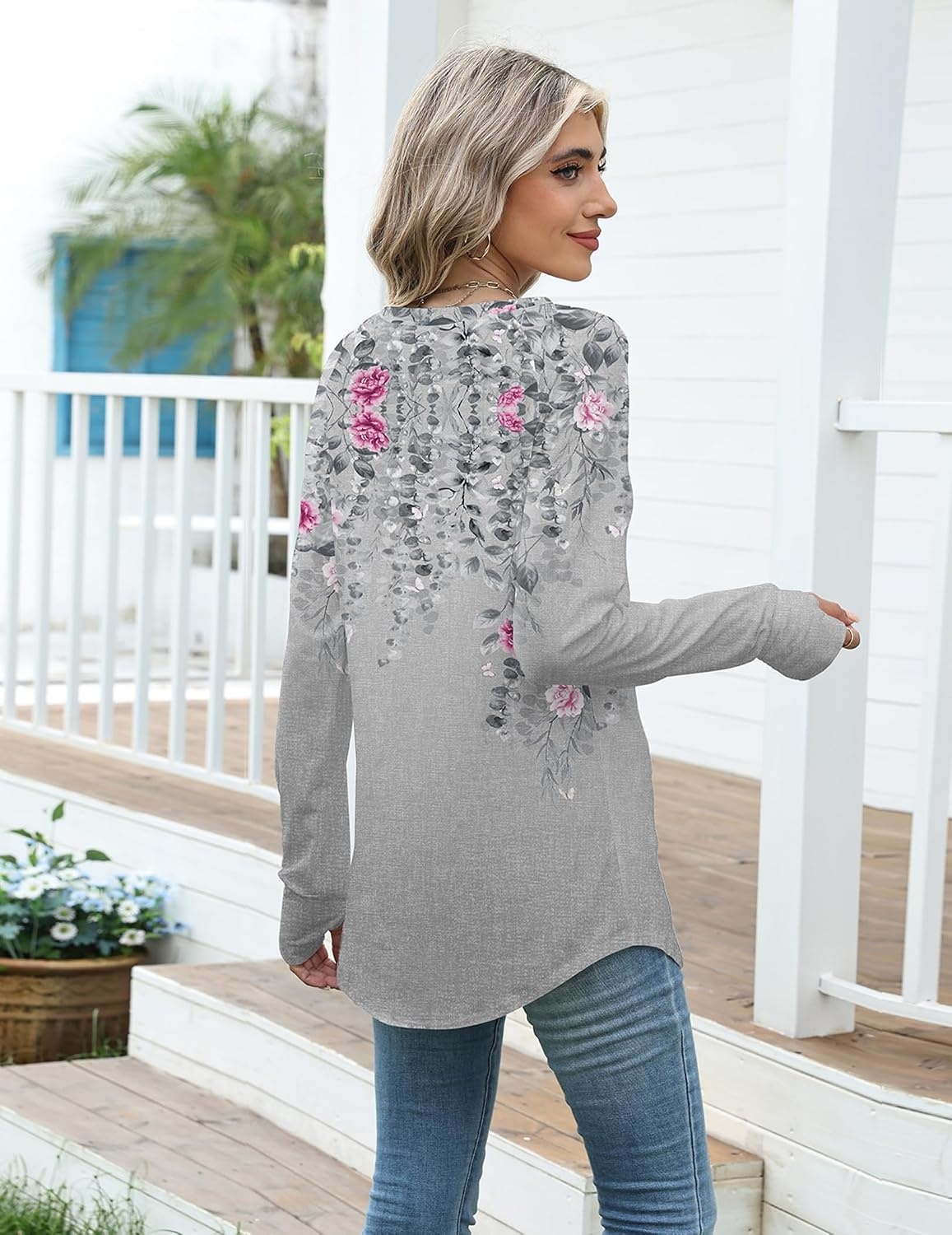 image:imageZeagoo Womens Casual Long Sleeve Shirts Crew Neck Round Loose Tunic TopsGrey Print