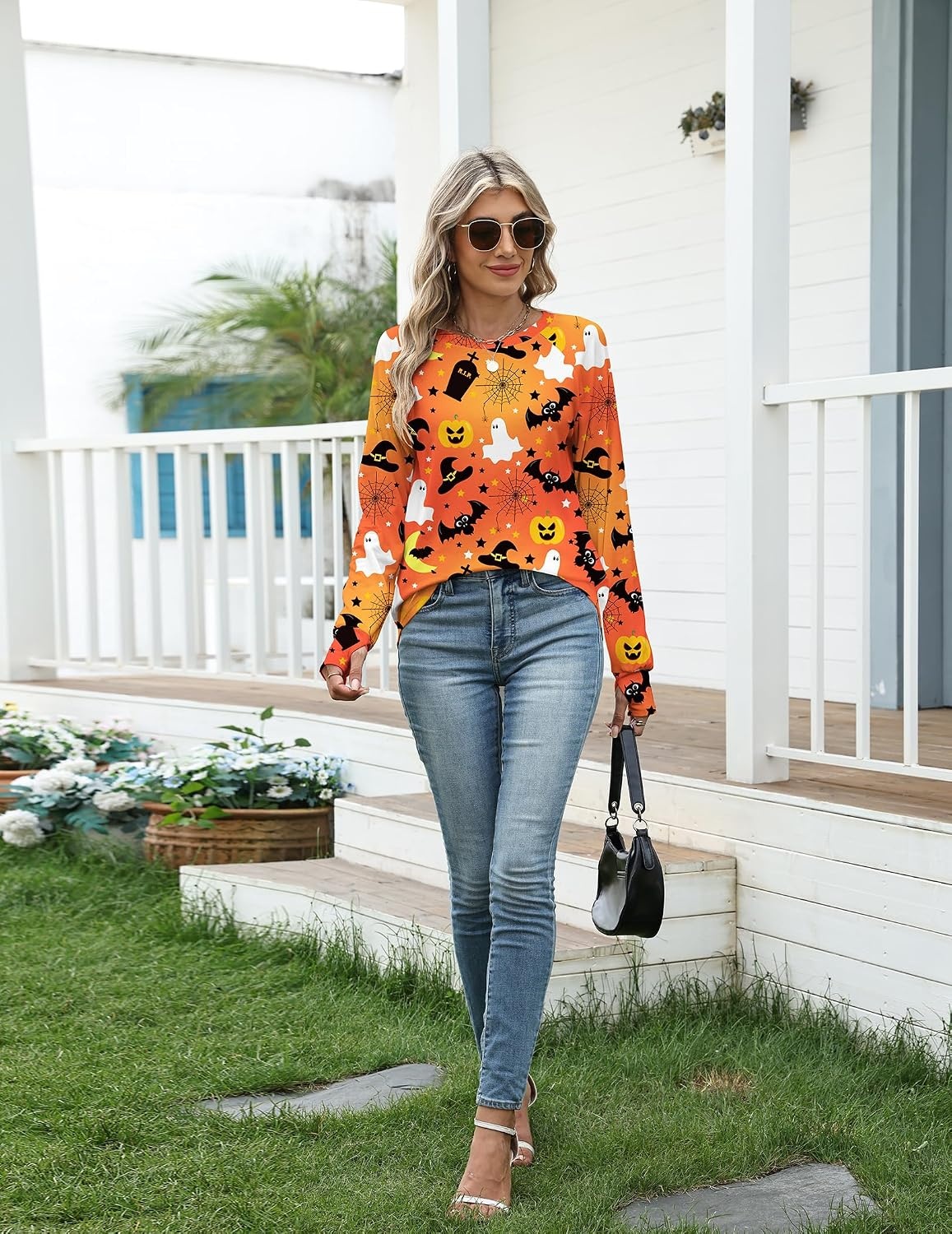 image:imageZeagoo Womens Casual Long Sleeve Shirts Crew Neck Round Loose Tunic TopsHalloween Bats