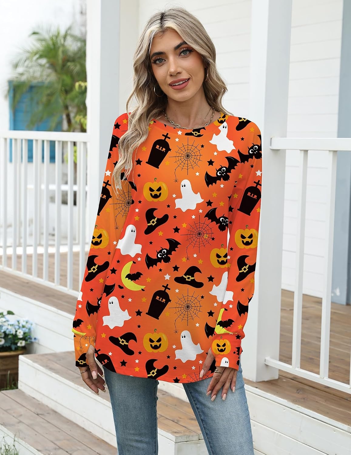 image:imageZeagoo Womens Casual Long Sleeve Shirts Crew Neck Round Loose Tunic TopsHalloween Bats