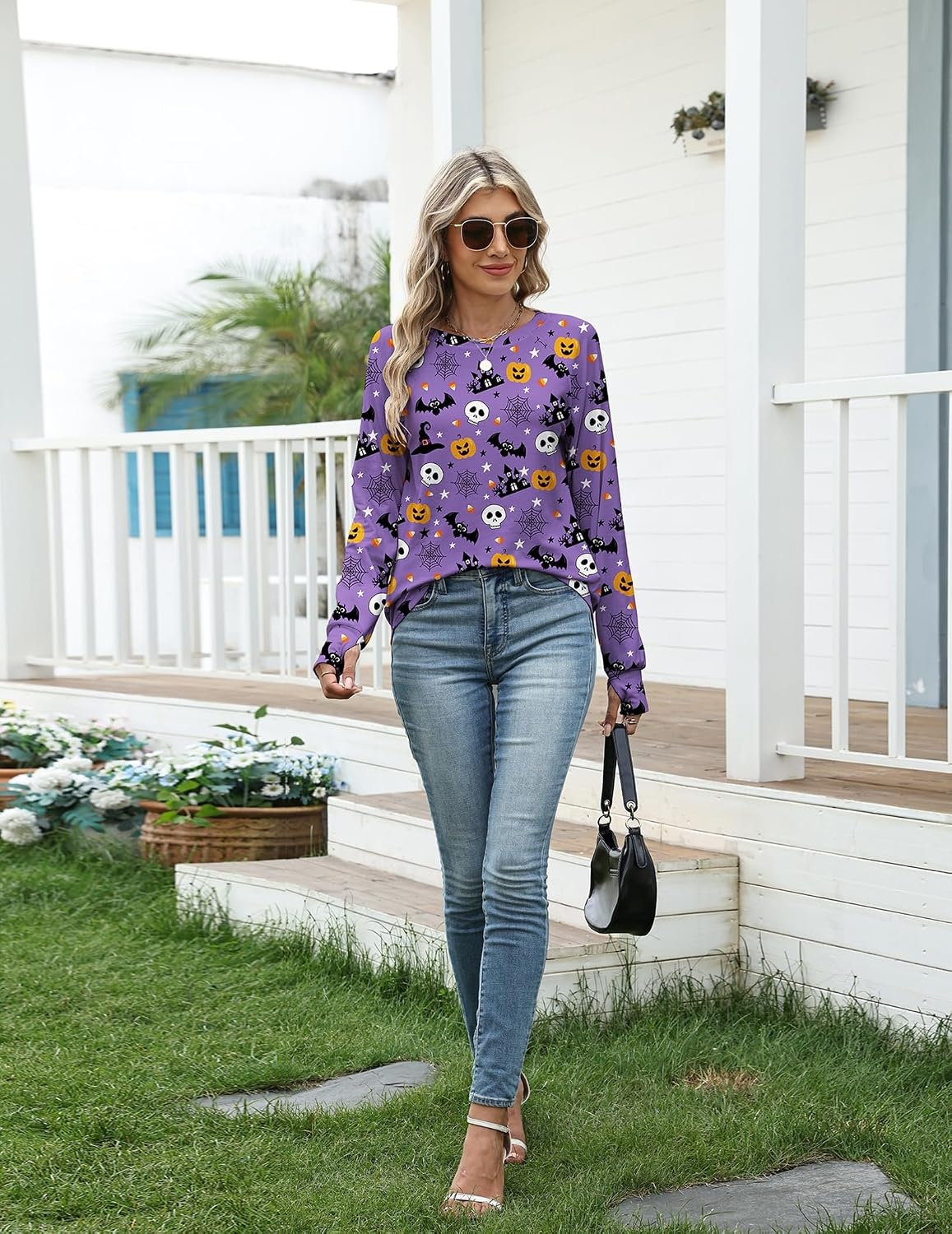 image:imageZeagoo Womens Casual Long Sleeve Shirts Crew Neck Round Loose Tunic TopsHalloween Purple