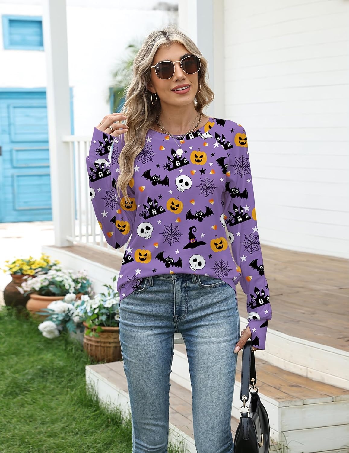 image:imageZeagoo Womens Casual Long Sleeve Shirts Crew Neck Round Loose Tunic TopsHalloween Purple