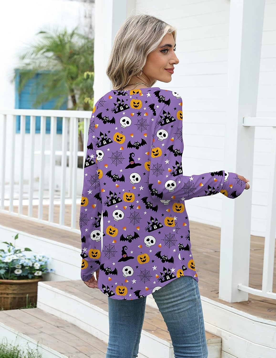 image:imageZeagoo Womens Casual Long Sleeve Shirts Crew Neck Round Loose Tunic TopsHalloween Purple