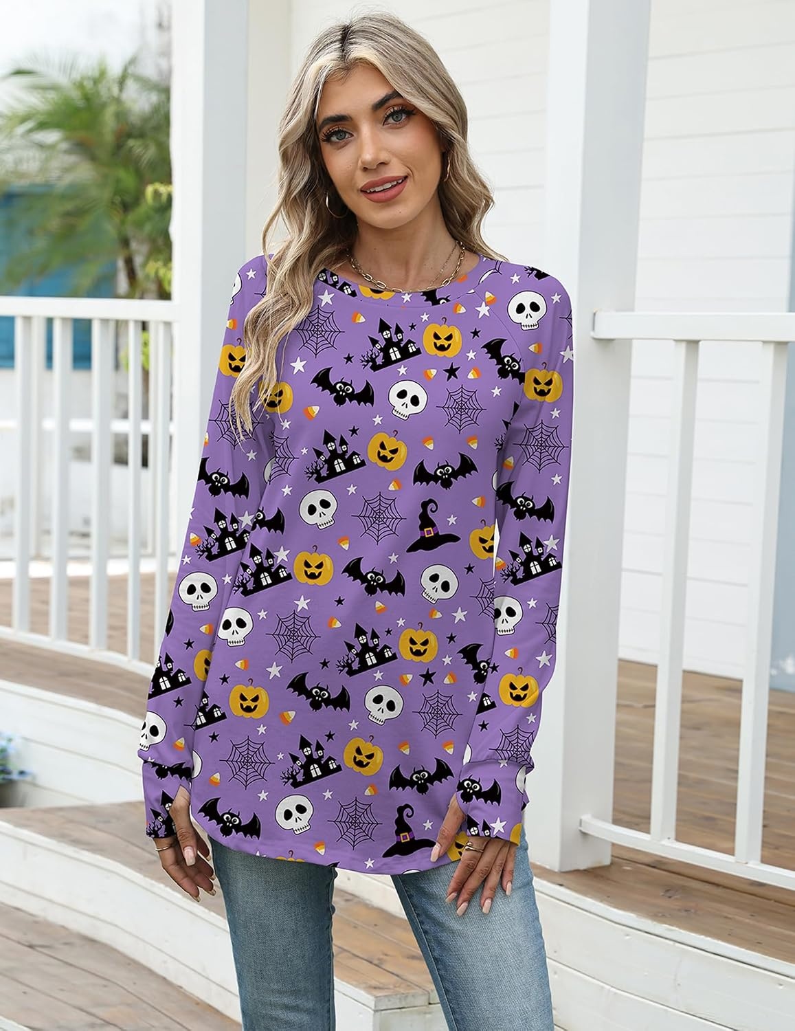 image:imageZeagoo Womens Casual Long Sleeve Shirts Crew Neck Round Loose Tunic TopsHalloween Purple