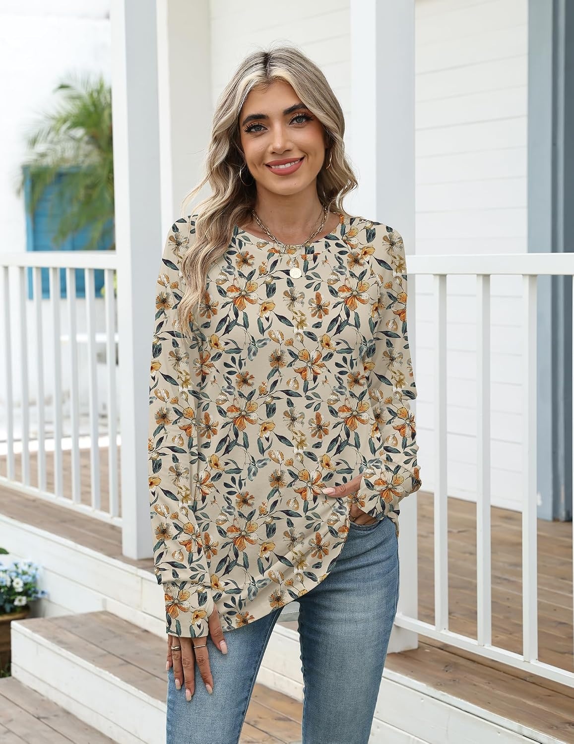 image:imageZeagoo Womens Casual Long Sleeve Shirts Crew Neck Round Loose Tunic TopsKhaki Floral