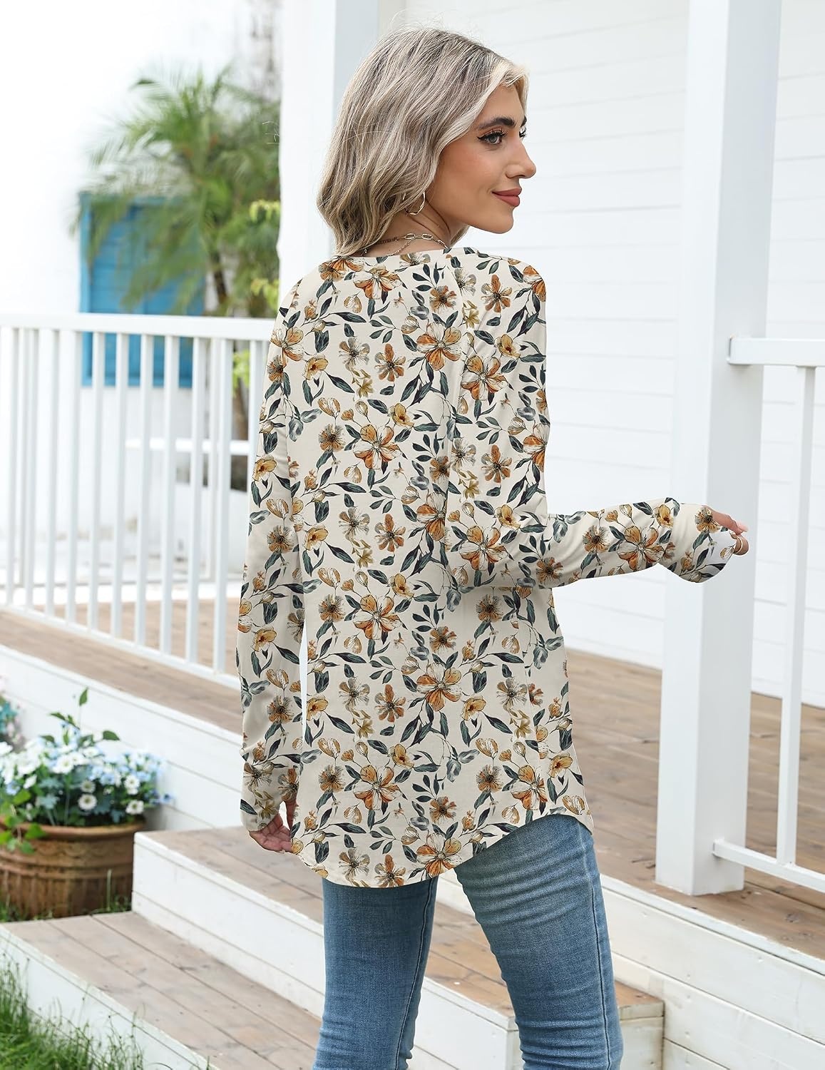 image:imageZeagoo Womens Casual Long Sleeve Shirts Crew Neck Round Loose Tunic TopsKhaki Floral