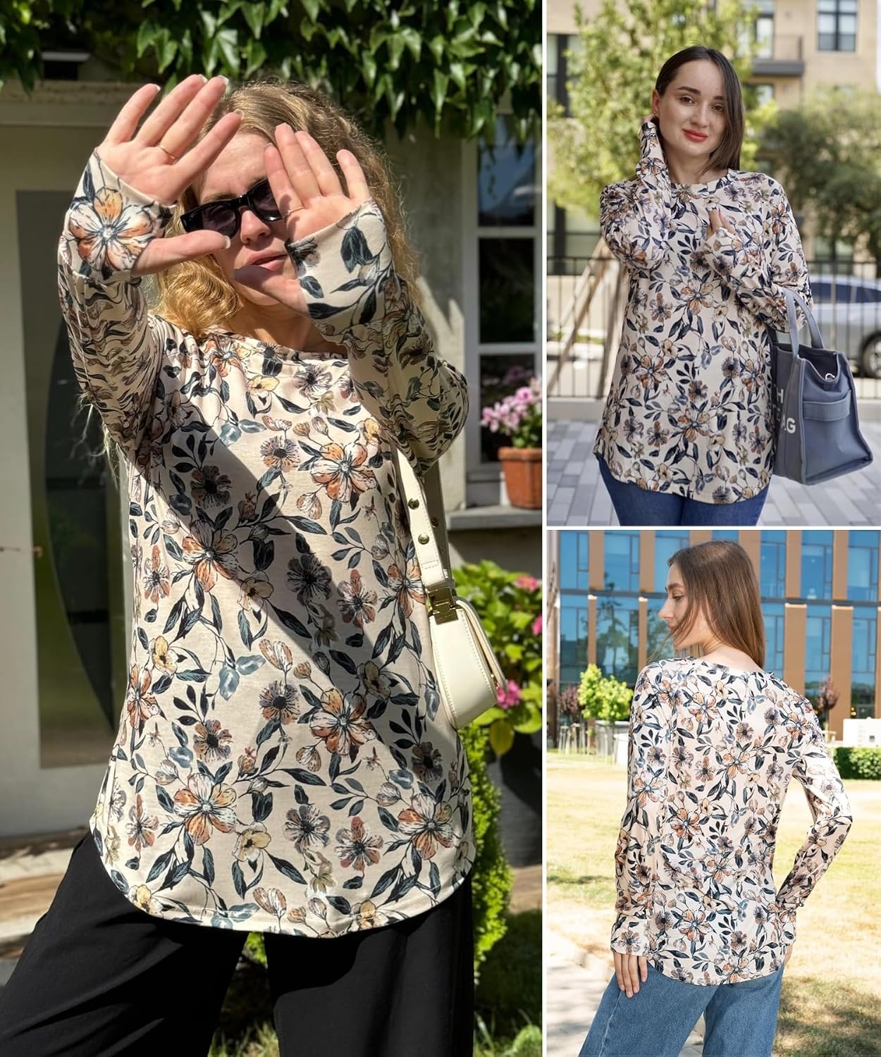 image:imageZeagoo Womens Casual Long Sleeve Shirts Crew Neck Round Loose Tunic TopsKhaki Floral