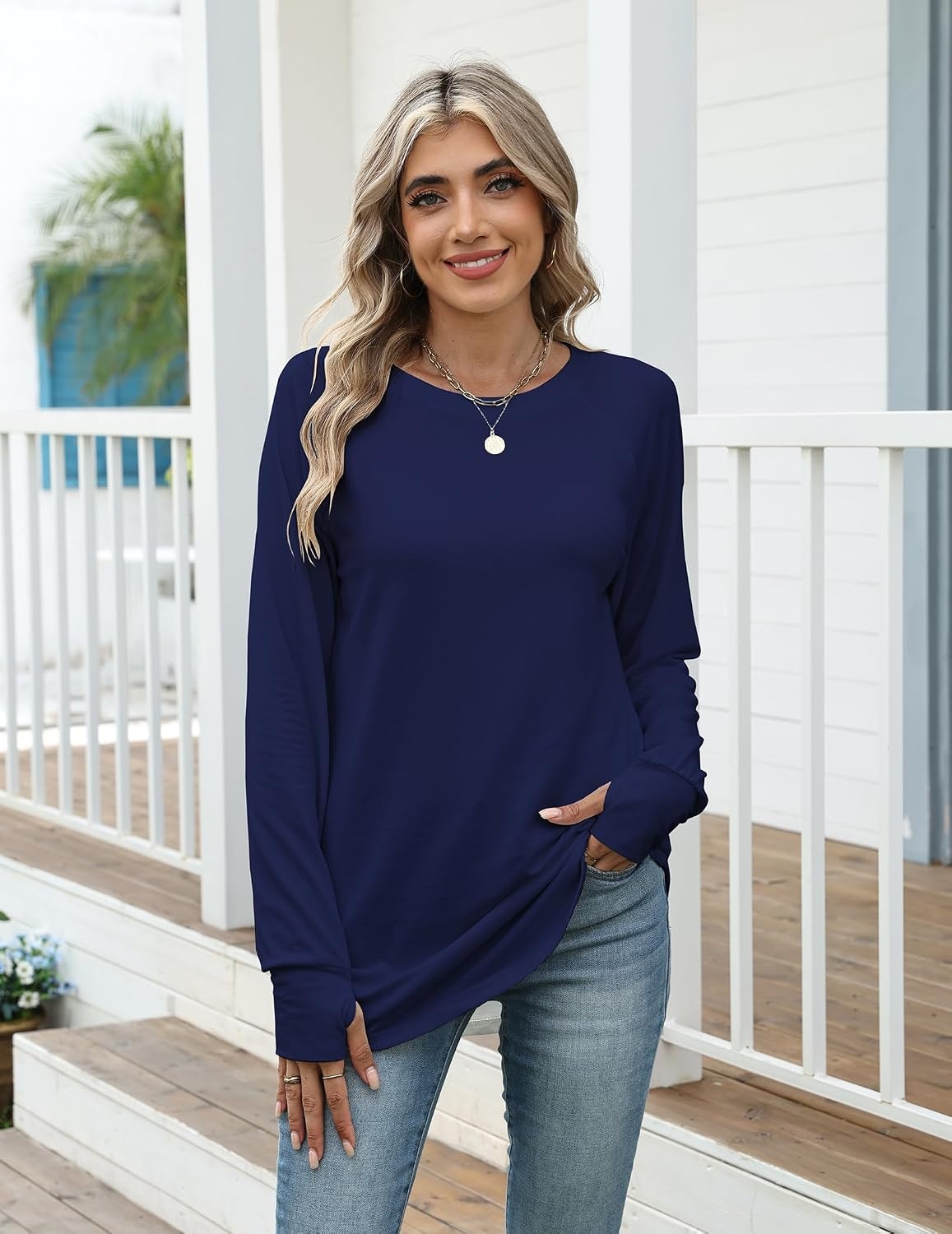image:imageZeagoo Womens Casual Long Sleeve Shirts Crew Neck Round Loose Tunic TopsNavy Blue