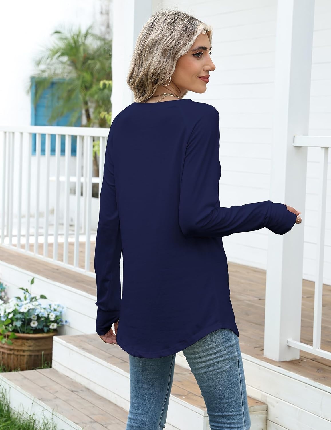 image:imageZeagoo Womens Casual Long Sleeve Shirts Crew Neck Round Loose Tunic TopsNavy Blue